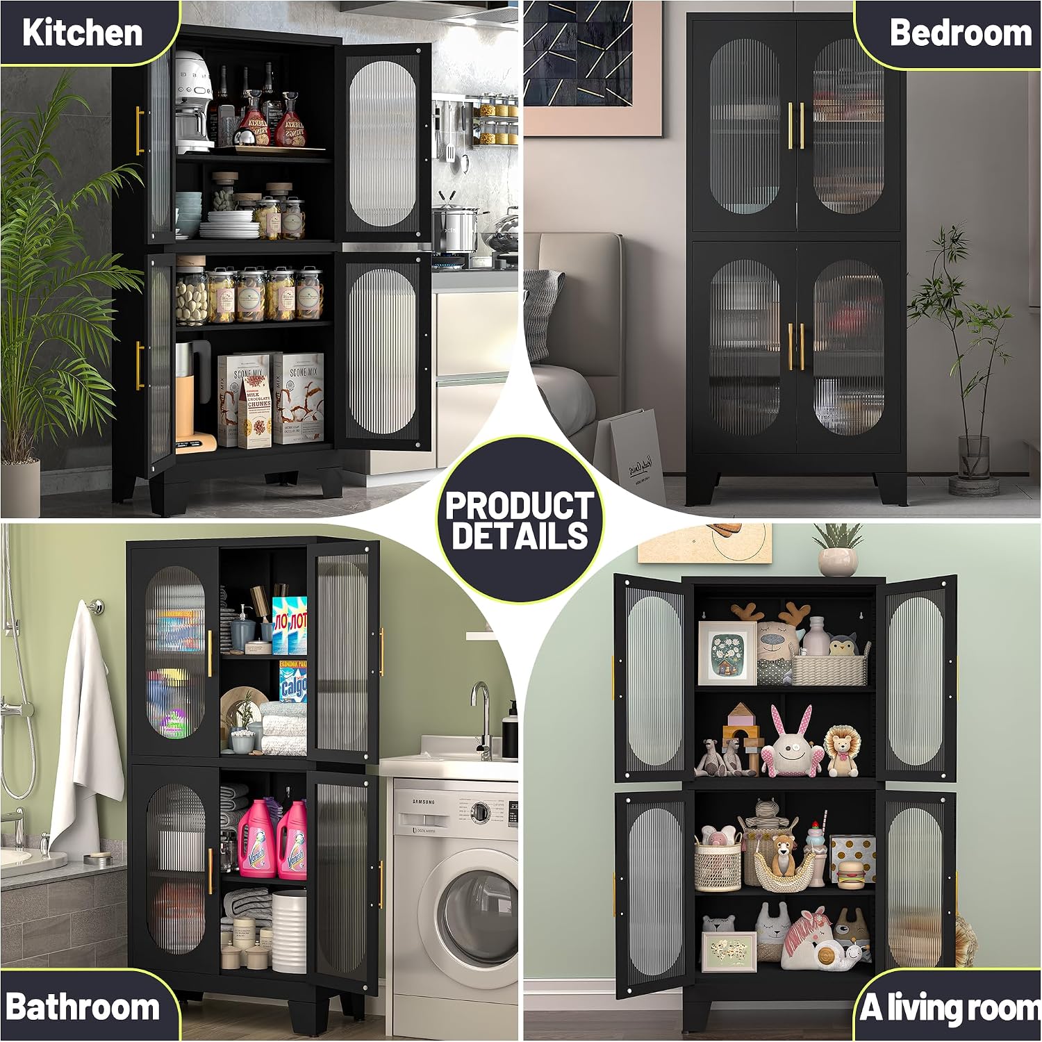 PAOFIN 61' Black Pantry Storage Cabinet, Kitchen Pantry Cabinet with Acrylic Glass Doors and Shelves, with Adjustable Leveling Foot for Kitchen, Living Room and Dining Room. 61'