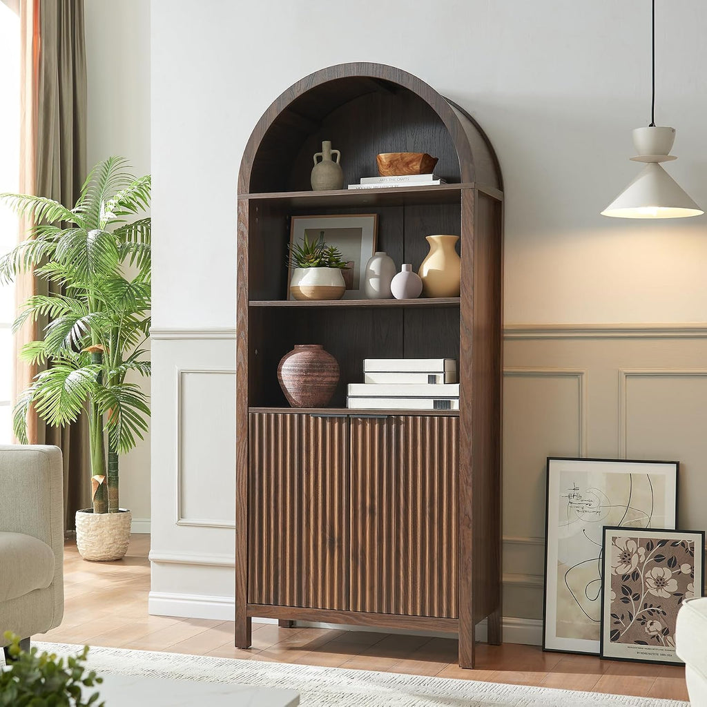 Arched Cabinet Bookshelf Bookcase - 71' Tall Mid Century Arched Display Cabinets, Rounded Bookshelf with Fluted Doors, Open Shelf Storage Cabinet for Dining Room (Walnut)
