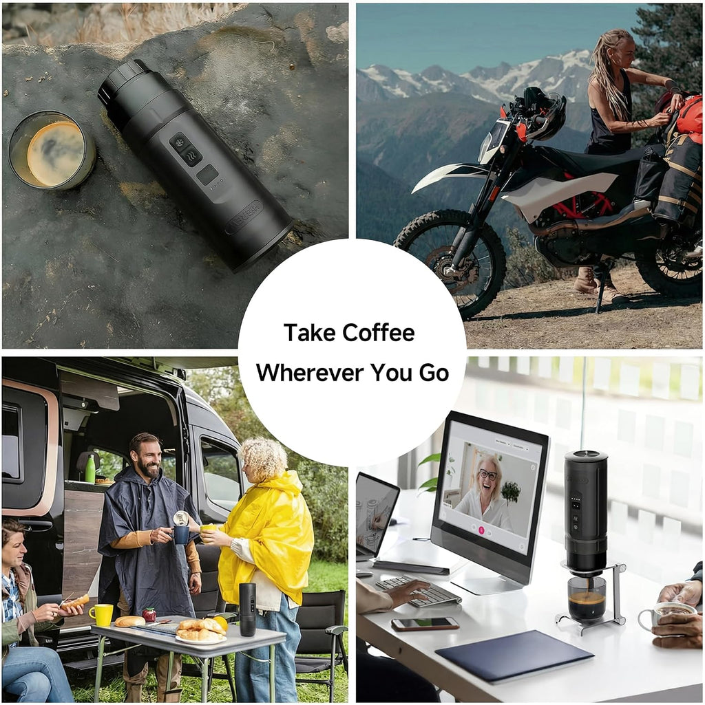 HIBREW H4C Explorer - Portable Electric Espresso Machine, USB-C Rechargeable Coffee Machine for Camping and Travel, Compact for Capsules & Ground Coffee, with Foldable Holder & Carrying Case (Black)
