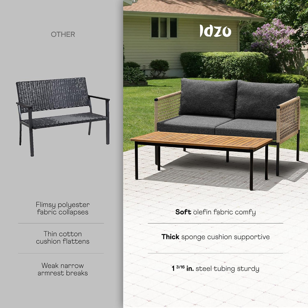 Idzo Oscar Wicker Metal Loveseat with Coffee Table – Black, 2-Seater Outdoor Sofa Set for Small Patios, Balcony or Garden, Heavy-Duty Love Seat Couches for Relaxing and Entertaining