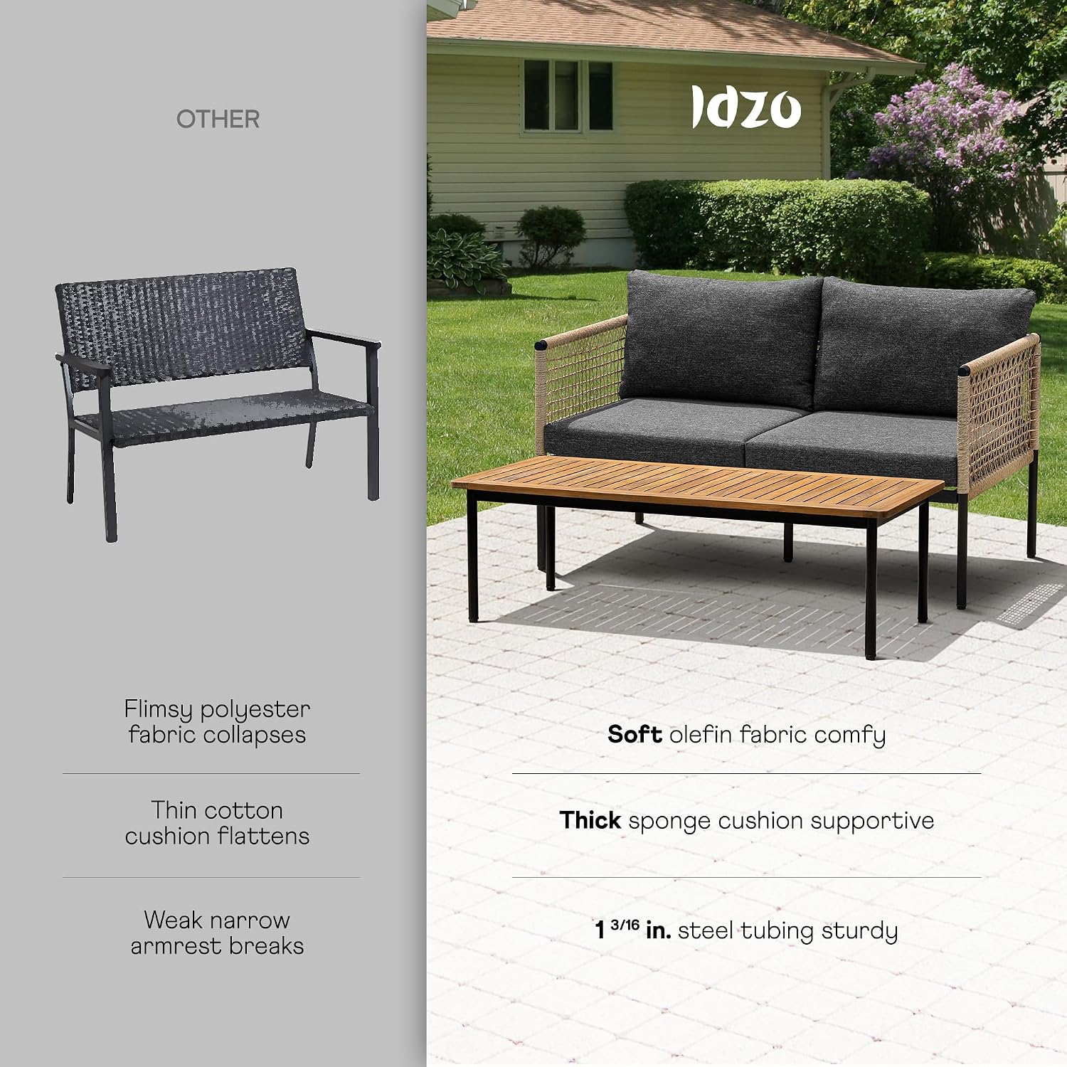 Idzo Oscar Wicker Metal Loveseat with Coffee Table – Black, 2-Seater Outdoor Sofa Set for Small Patios, Balcony or Garden, Heavy-Duty Love Seat Couches for Relaxing and Entertaining