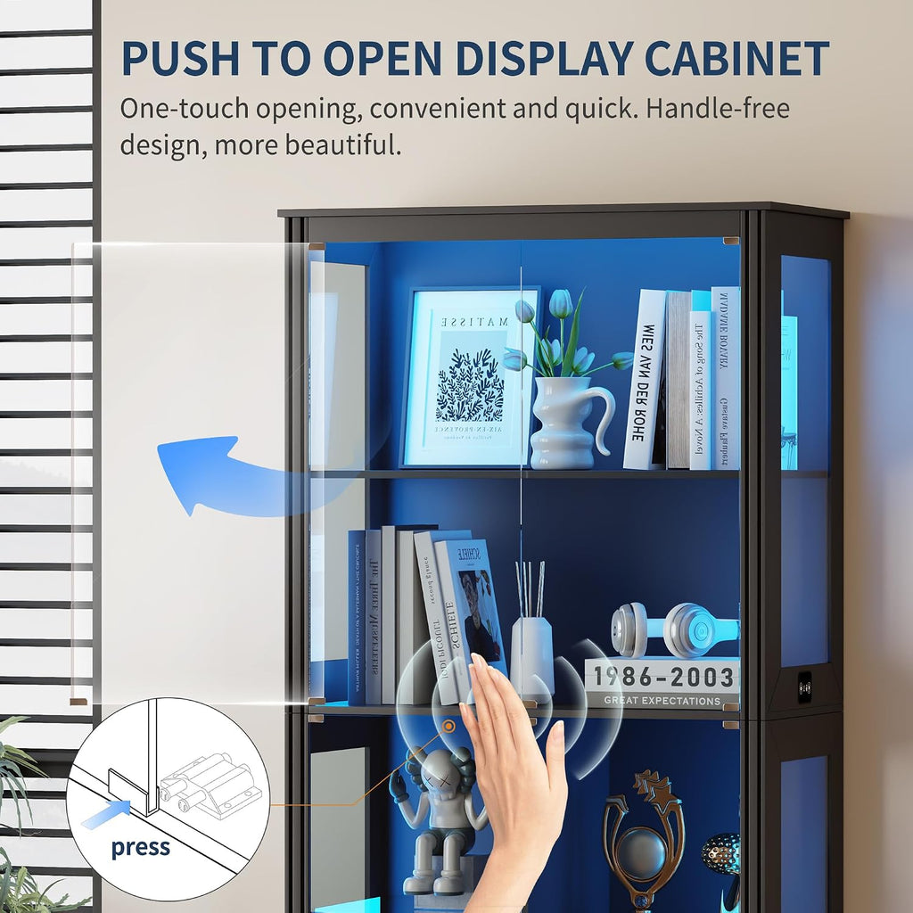 HNEBC 71'' Display Cabinet with 5-Tier and 3 Color Lights for Books Toys Liquor,Curio Cabinet with Human Body Bookcases for Bedroom, Living Room,Black