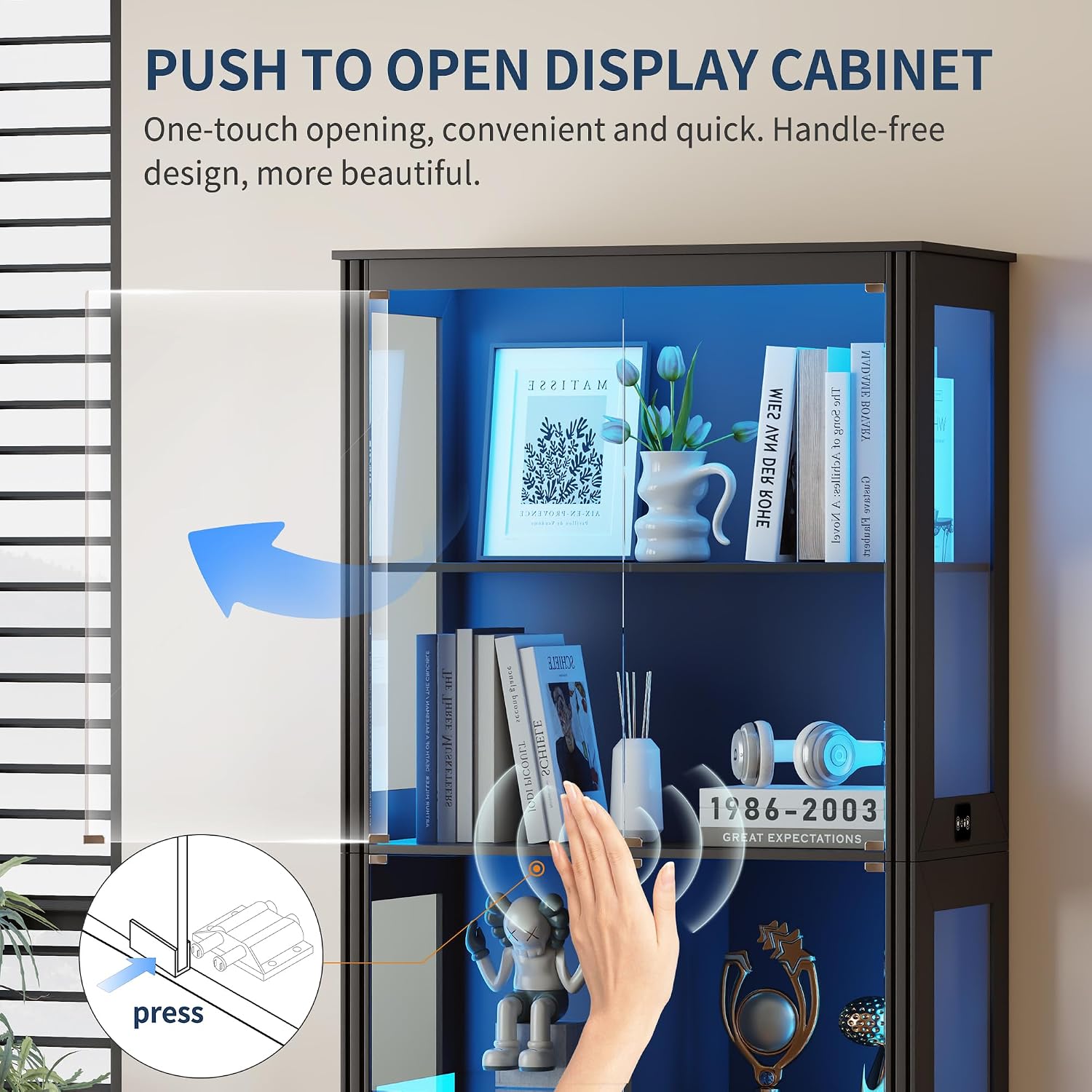 HNEBC 71'' Display Cabinet with 5-Tier and 3 Color Lights for Books Toys Liquor,Curio Cabinet with Human Body Bookcases for Bedroom, Living Room,Black