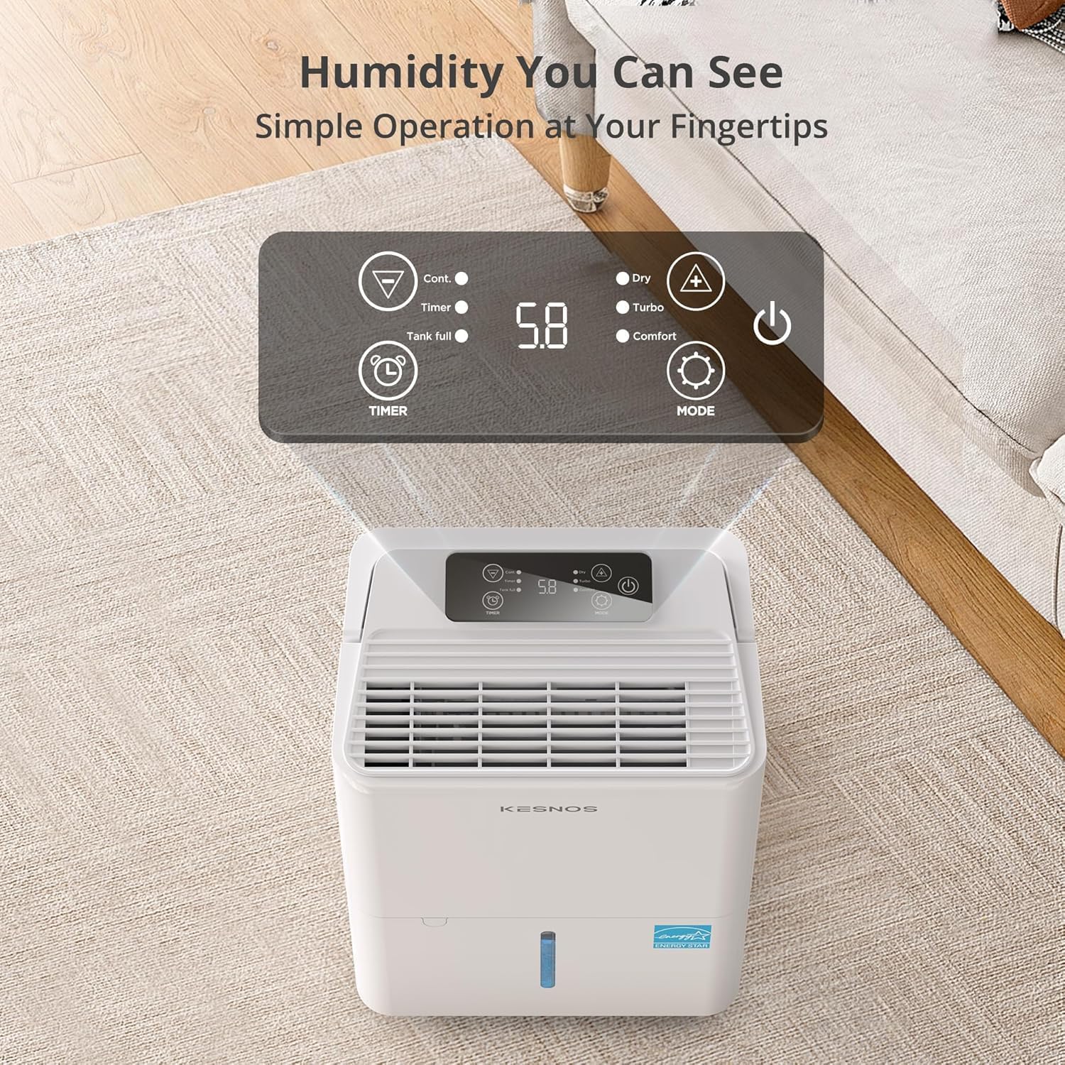 Kesnos 2,500 Sq. Ft. Energy Star 2025 Dehumidifier for Basement & Home, 4 Pre-Set Modes, Timer, Auto Defrost, Ideal for Bedroom with Ultra Quiet 36 dB, 0.39-Gallon Water Tank with Drain Hose
