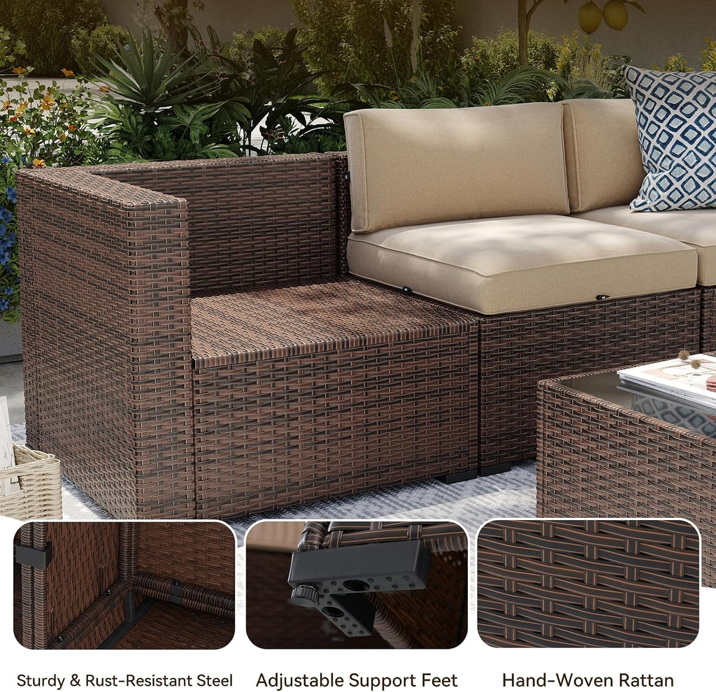 Aoxun 8-Piece Patio Furniture Set, Wicker Outdoor Sectional Sofa with Large Storage Table & Waterproof Cover, Patio Conversation Set for Backyard and Garden (Brown/Khaki)