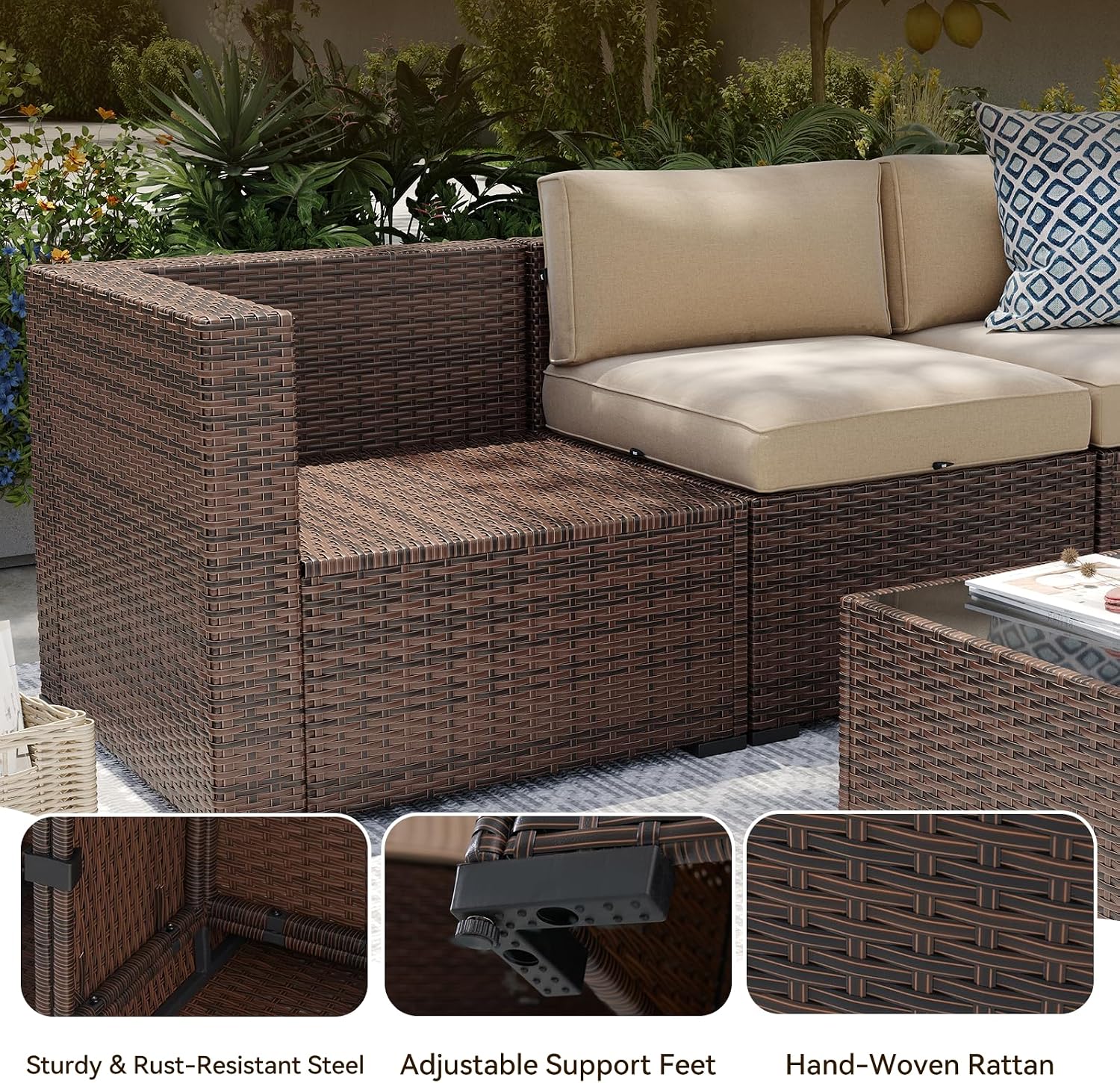 Aoxun 8-Piece Patio Furniture Set, Wicker Outdoor Sectional Sofa with Large Storage Table & Waterproof Cover, Patio Conversation Set for Backyard and Garden (Brown/Khaki)