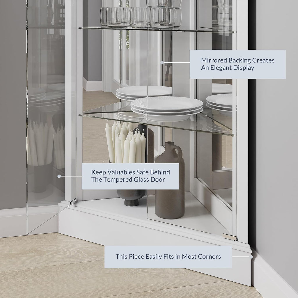 BELLEZE Lighted Accent Corner Display Curio Cabinet with Tempered Glass Doors and Shelves, Classic Wood Cabinet w/Bulb, Corner Curio Storage Rack for Living Room, Bed-Room and Kitchen (White)