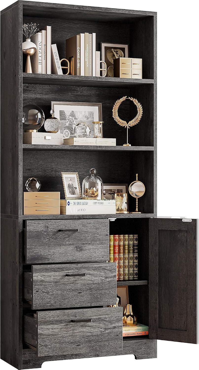 IRONCK Bookshelf with Door and 3 Drawers, 71in Tall Bookcase Shelf with 3-Tier Shelves, for Bedroom Living Room Entrance Hallway Home Office