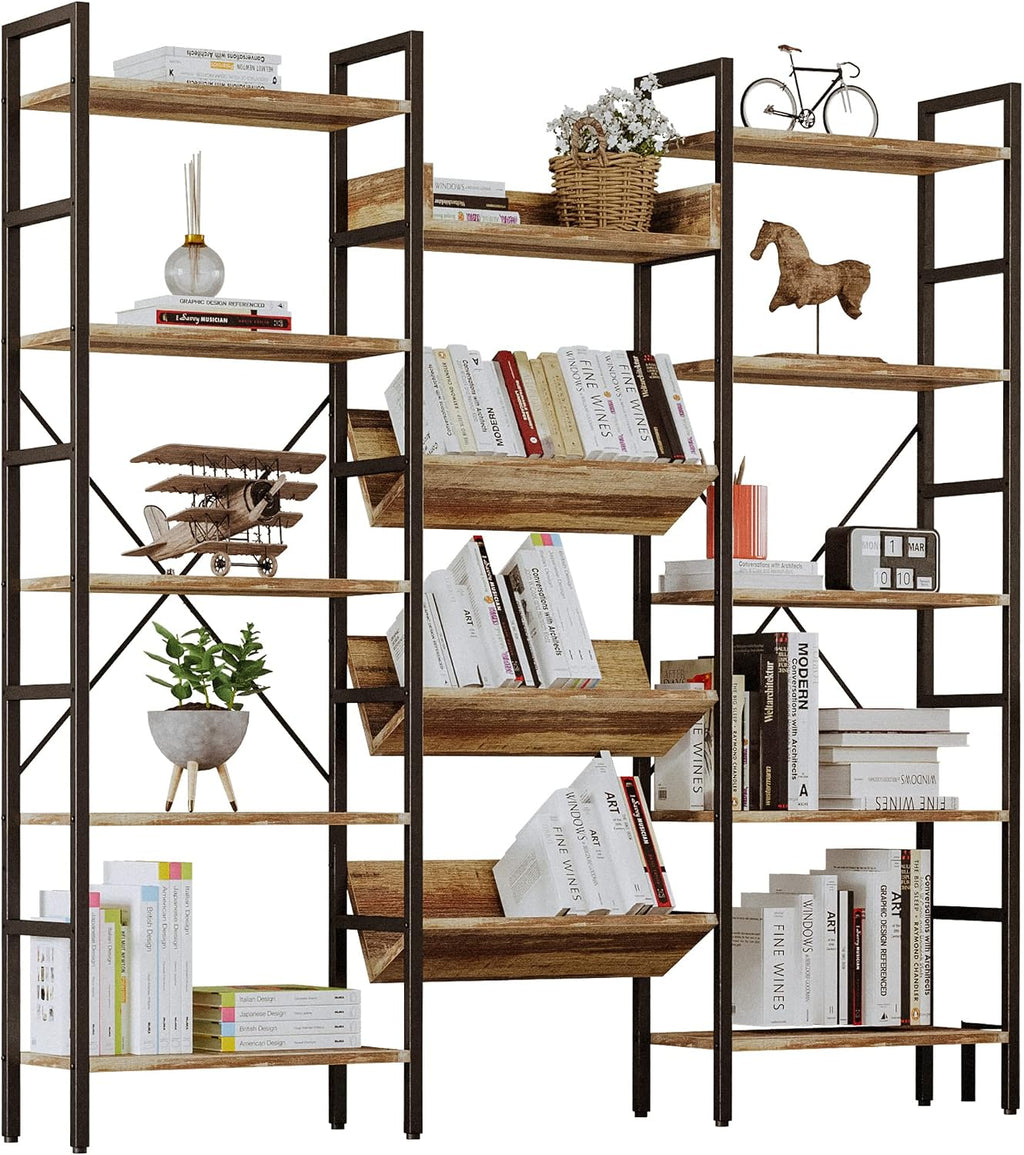 IRONCK Bookshelf, Bookshelves and Bookcases, Triple Wide 5 Tiers Book Shelf with Baffles, Industrial Bookshelf with Metal Frame for Living Room, Home Office