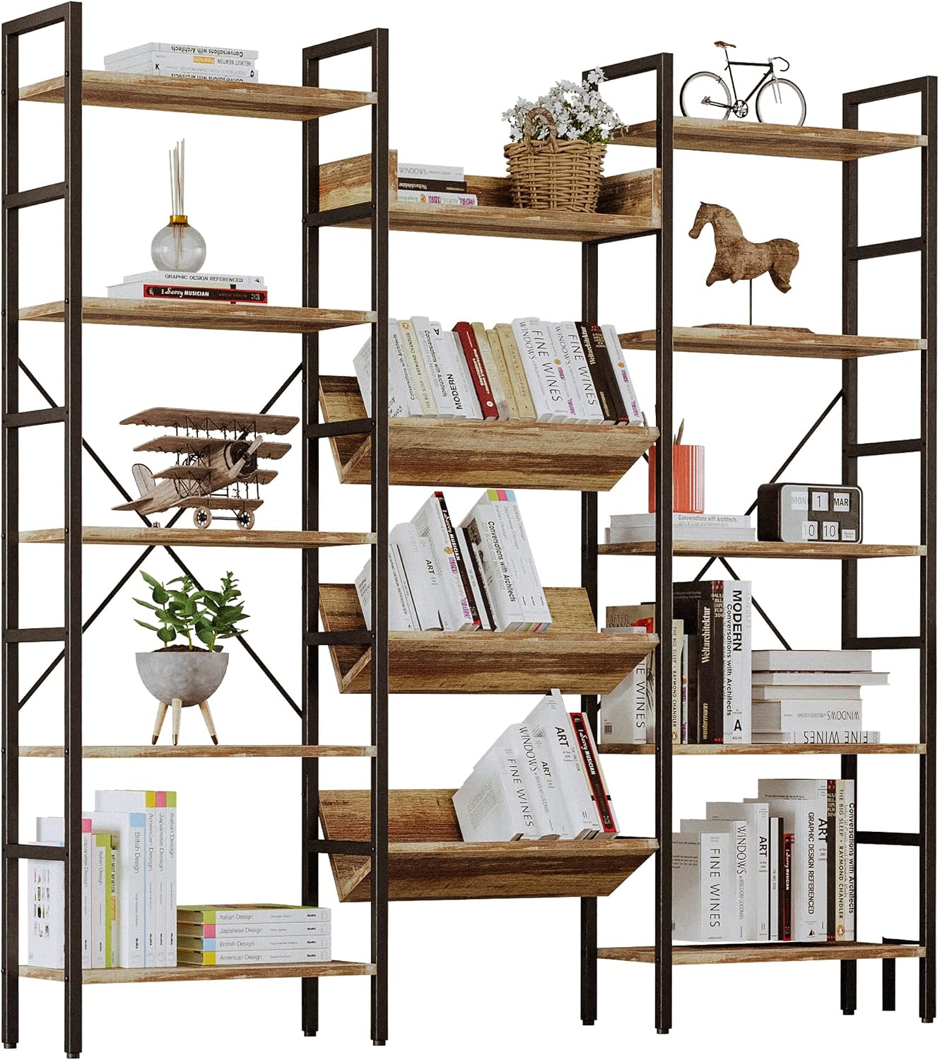 IRONCK Bookshelf, Bookshelves and Bookcases, Triple Wide 5 Tiers Book Shelf with Baffles, Industrial Bookshelf with Metal Frame for Living Room, Home Office