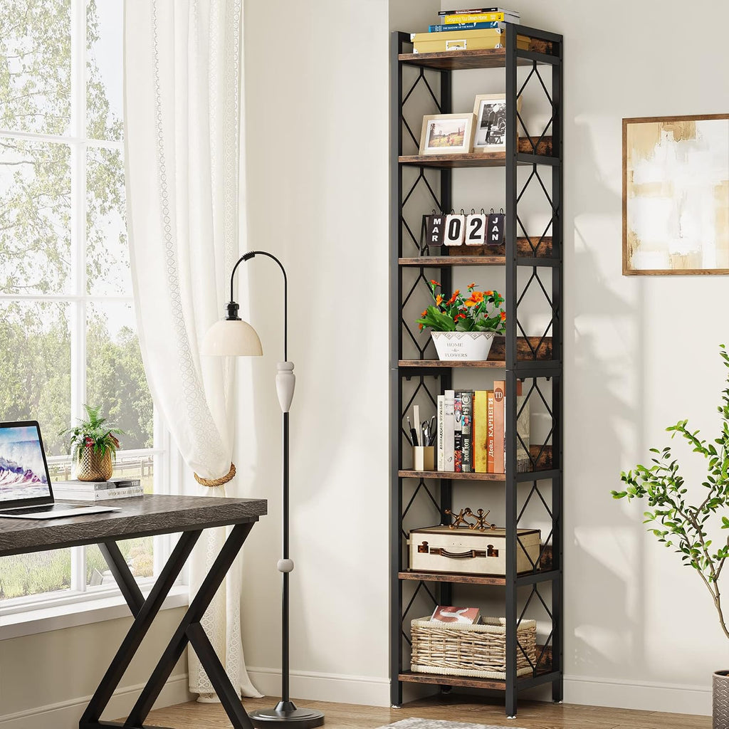 Tribesigns 78.7 Inch Extra Tall Narrow Bookshelf Set of 2, 7 Tier Skinny Bookcase for Small Spaces, Freestanding Display Shelves, Multifunctional Corner Storage Organizer for Home Office, Rustic Brown
