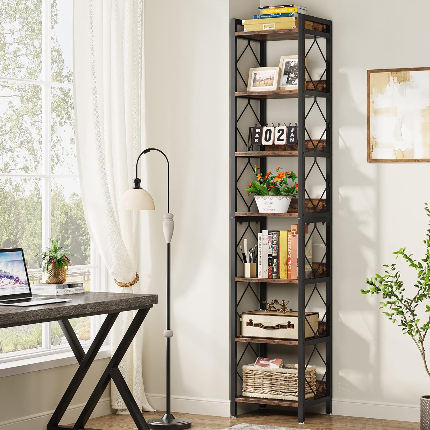 Tribesigns 78.7 Inch Extra Tall Narrow Bookshelf, 7 Tier Skinny Bookcase for Small Spaces, Freestanding Display Shelves, Multifunctional Corner Storage Organizer for Home Office, Rustic Brown