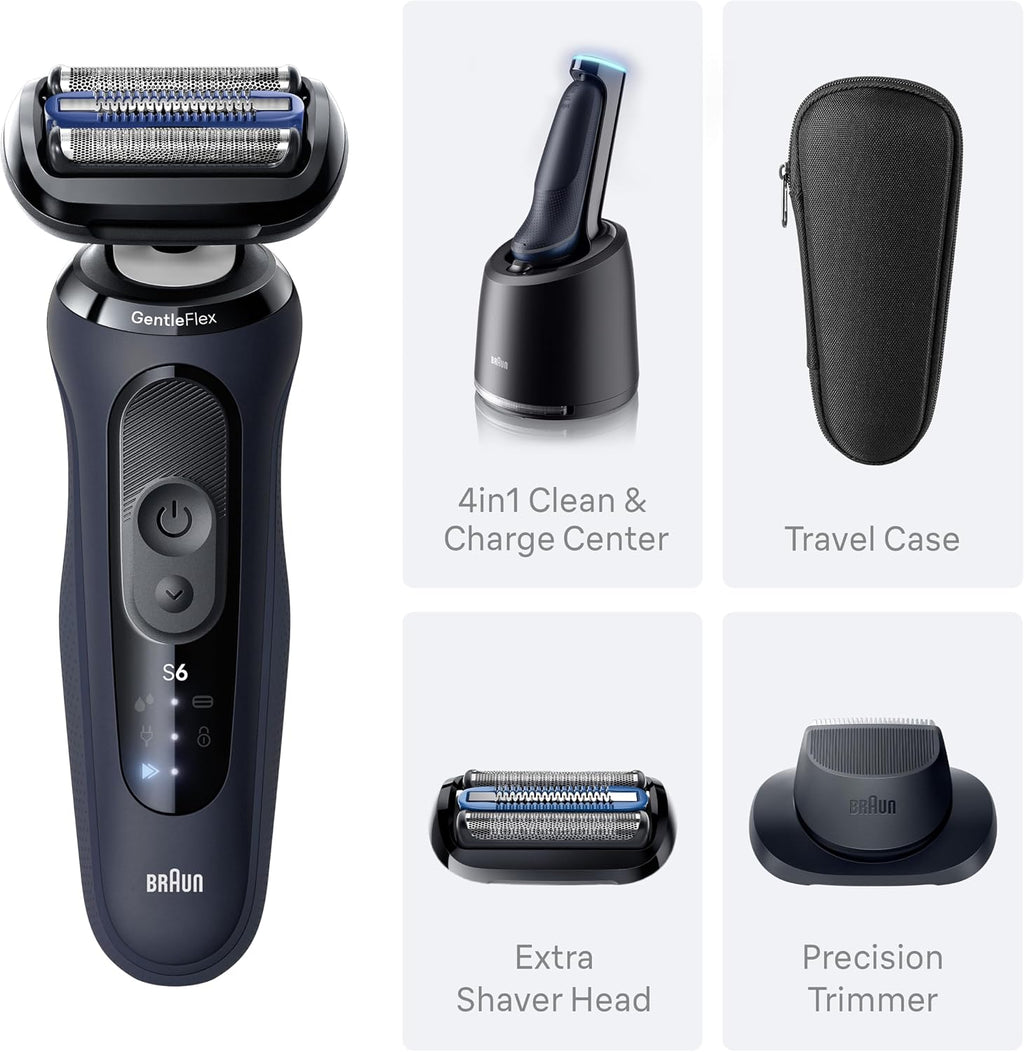 Braun Electric Razor for Men Series 6 with Precision Trimmer, Extra Shaver Head, 4-in-1 Clean & Charge Center, Travel Case, S6 6177ps