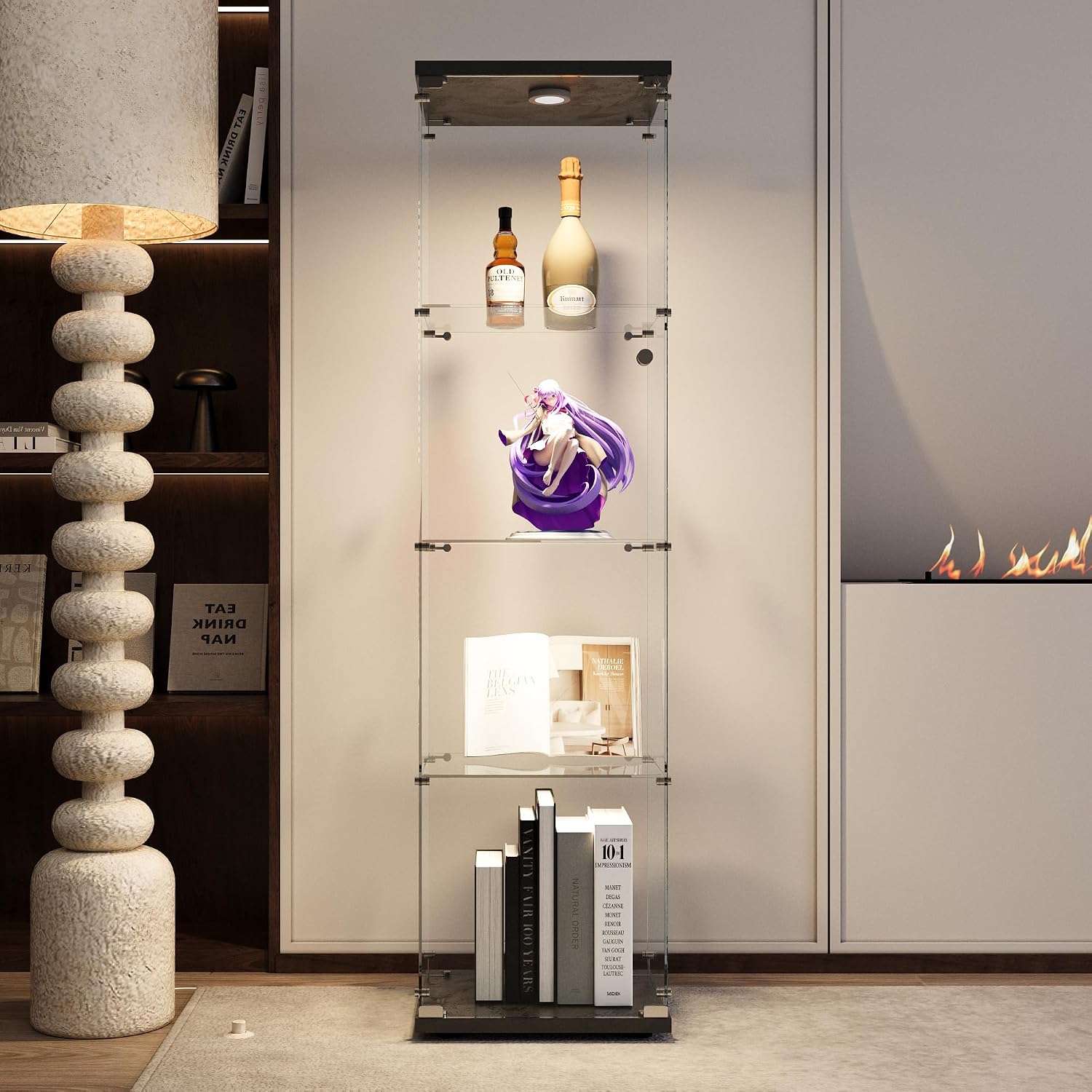 Glass Display Cabinet 4-Shelf with LED Lights and Lock,Curio Cabinets Upgraded Quick-Install Storage Cabinet,Glass Floor Standing Bookshelf for Bedroom,Living Room(Black)