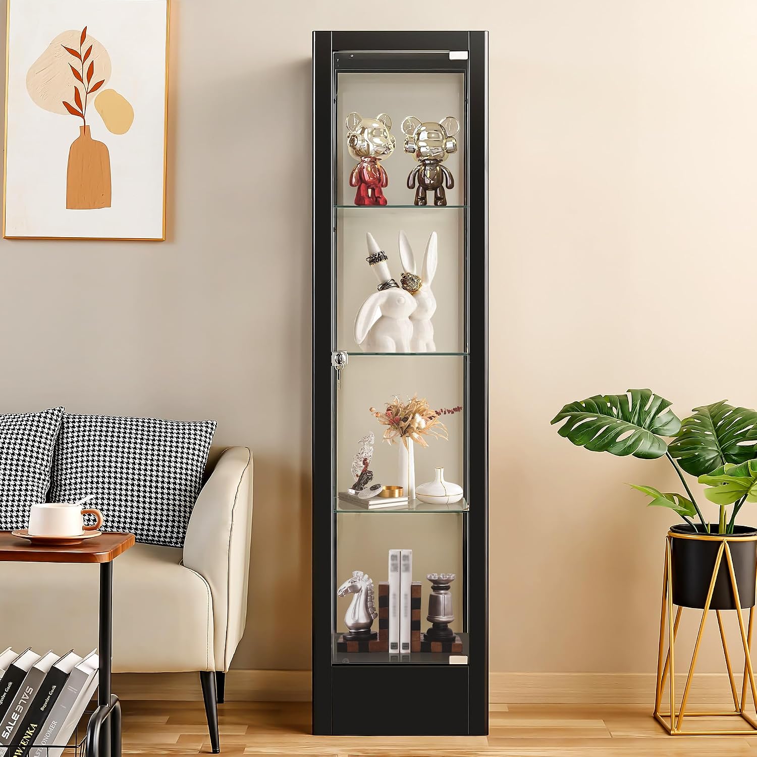 Foreate 4-Tier Glass Display Cabinet Case with 13 Colors Light & Lock, 63' Curio Cabinet with Glass Door & Adjustable Shelves, Thickened 5MM Tempered Glass Collectibles Display Case Bookshelf, Black