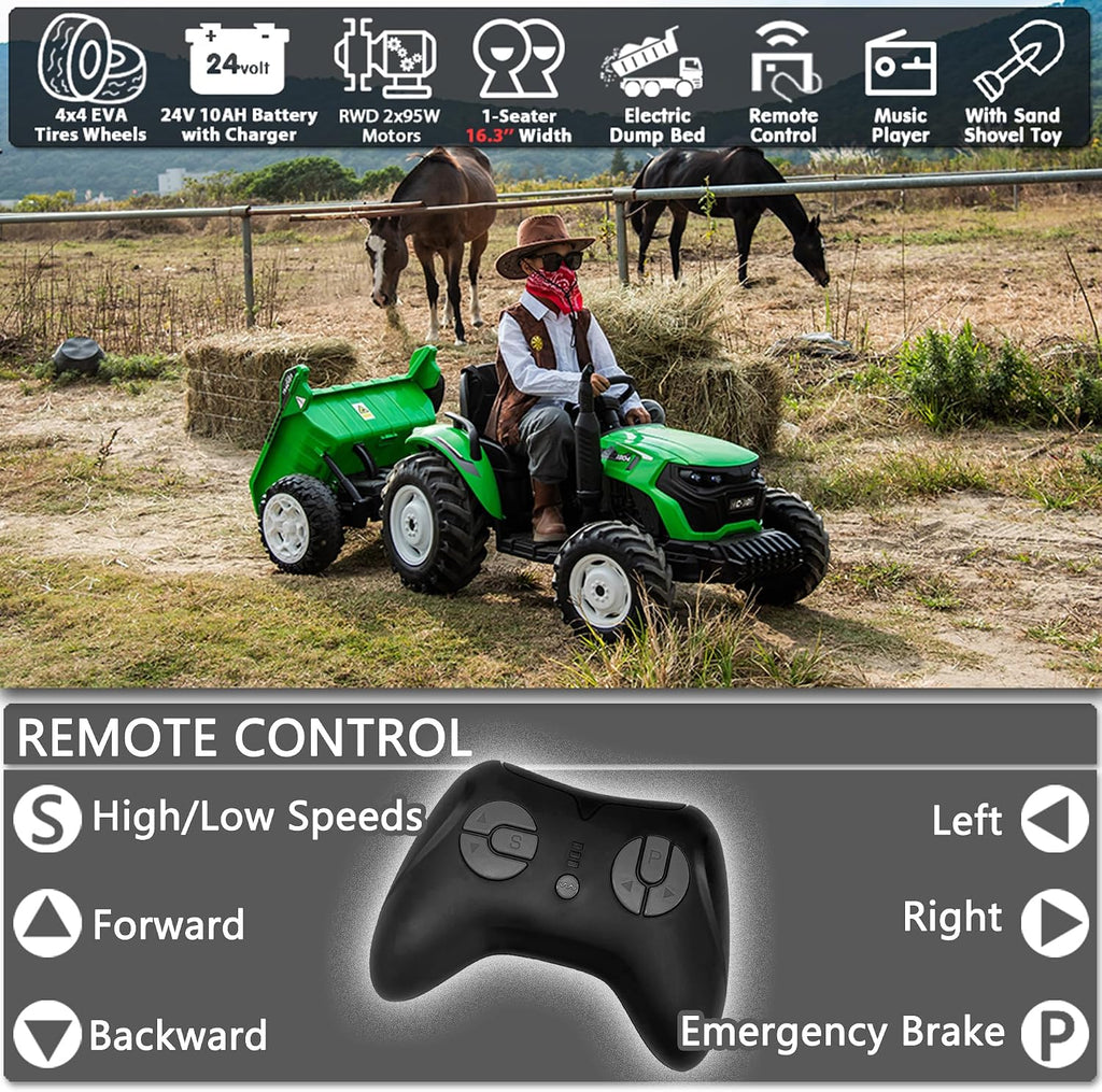 sopbost 24V 10Ah Ride On Toy for Big Kids 6+ 2WD Ride On Tractor with Electric Trailer, Remote Control, Extra Large EVA Wheels, 200 Lbs Load Capacity, Rear Suspension - Green