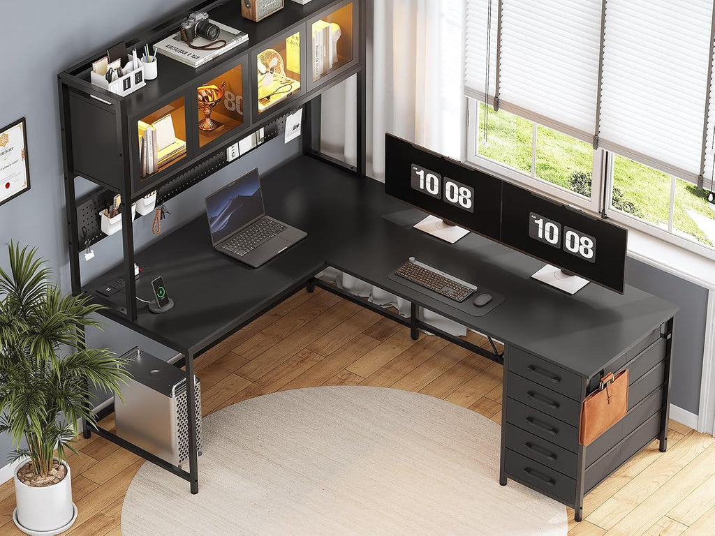 SEDETA L Shaped Gaming Desk with Drawers, L Shaped Computer Desk with Hutch and Storage Shelves, Gaming Desk with Pegboard, Led Lights, and Power Outlet, Home Office Desk, Corner Desk, Black