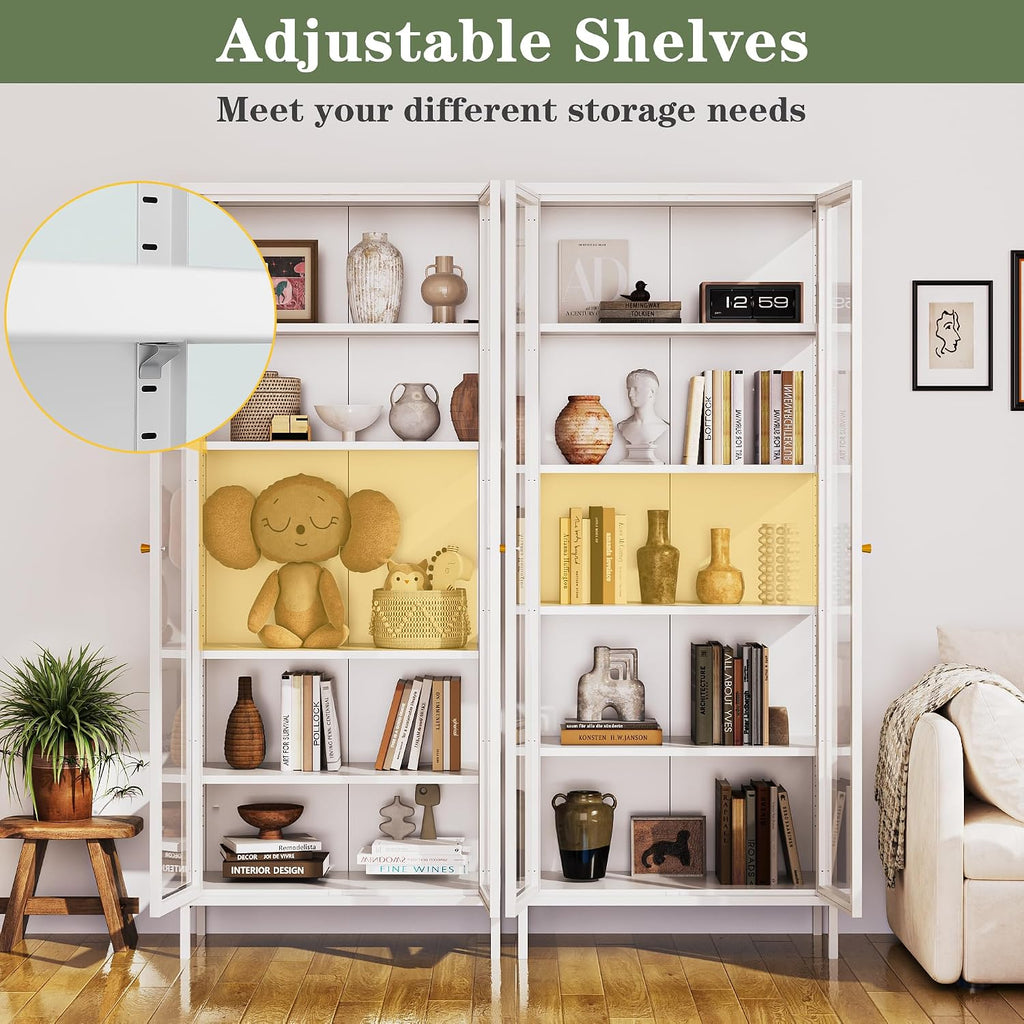 Lucky Monet 5-Tier Display Cabinet with 12 Color Lights & Glass Doors, 67' Lighted Curio Cabinet with Adjustable Shelves, Glass Metal Display Case for Collectibles Figures China (White)