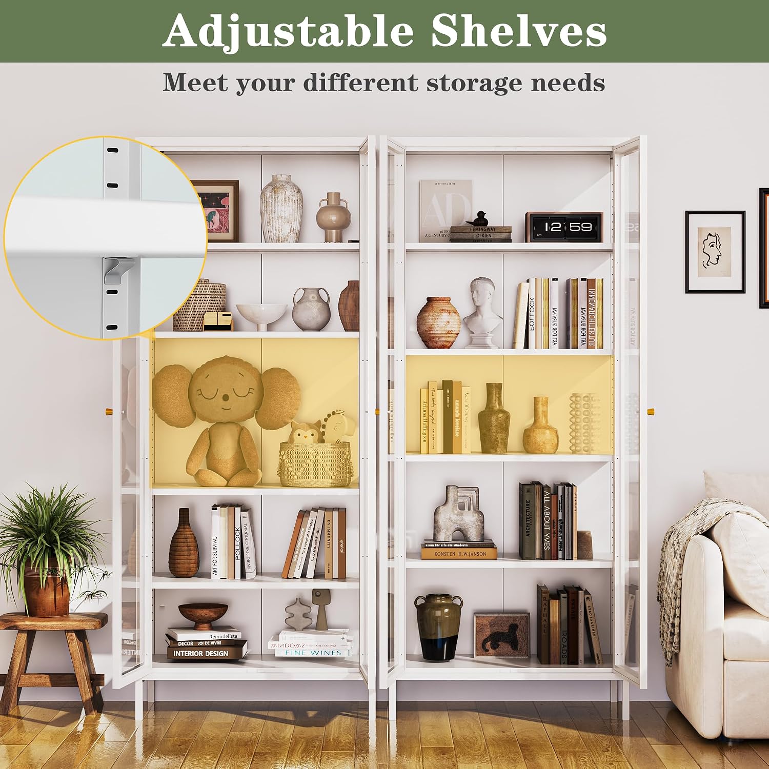 Lucky Monet 5-Tier Display Cabinet with 12 Color Lights & Glass Doors, 67' Lighted Curio Cabinet with Adjustable Shelves, Glass Metal Display Case for Collectibles Figures China (White)