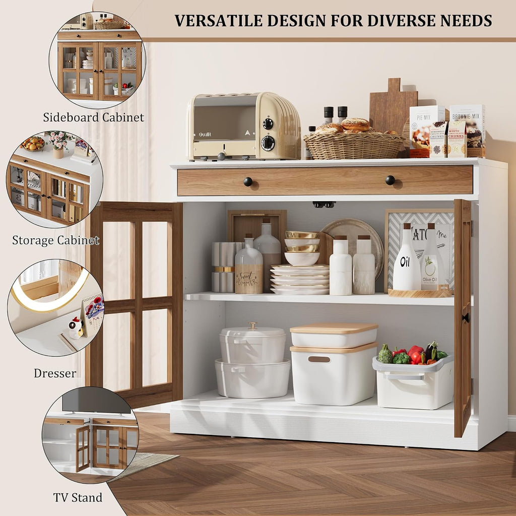GarveeHome 35.4 in Sideboard Buffet Cabinets with Glass Door, Buffet Cabinet with Storage, White&Brown Sideboard Cabinet with Drawer, Modern Buffets & Sideboards for Dining Room, Kitchen