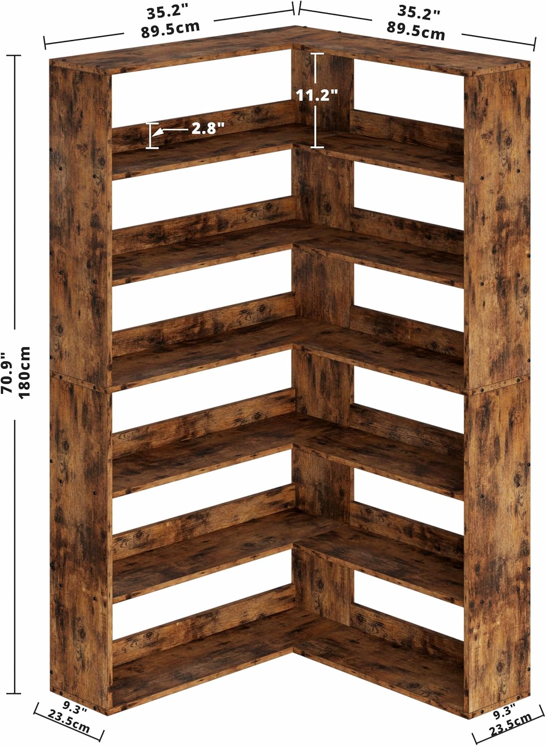 IRONCK Corner Bookshelf 6-Tier L-Shaped Industrial Corner Bookcase with Side Baffles, Large Storage Display Shelf for Living Room, Home Office
