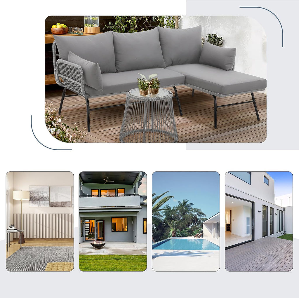 EROMMY 3 Piece Boho Patio Conversation Sets, L-Shaped Sectional Patio Furniture Sofa Set with Thick Cushions and Toughened Glass Coffee Table for Backyard Balcony Garden Porch, Gray