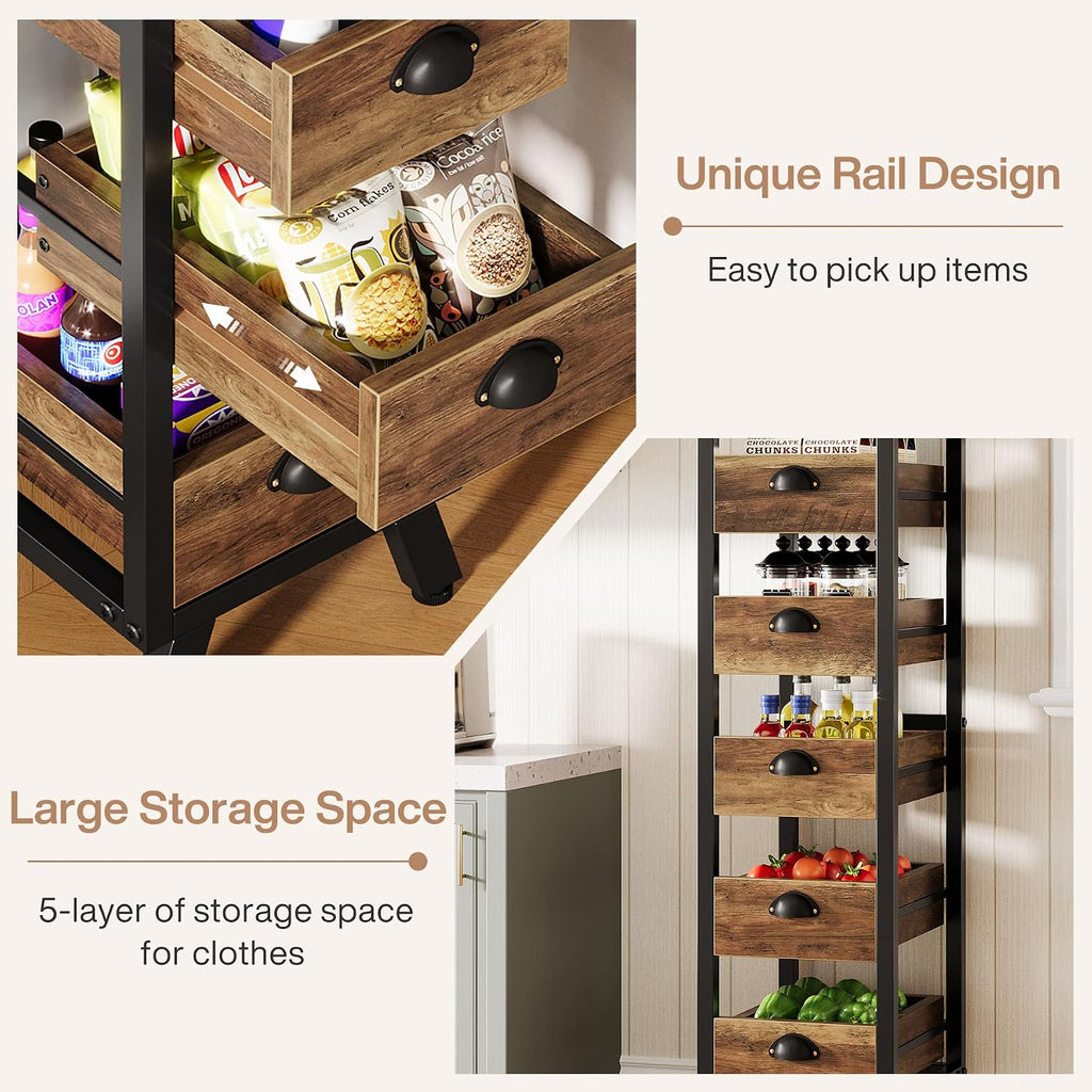 Tribesigns Wood Fruit and Vegetable Storage Rack, 5-Tier Narrow Snack Stand Kitchen Stand Fruit Basket, Pull-Out Utility Organizer for Kitchen, Living Room, Rustic Brown