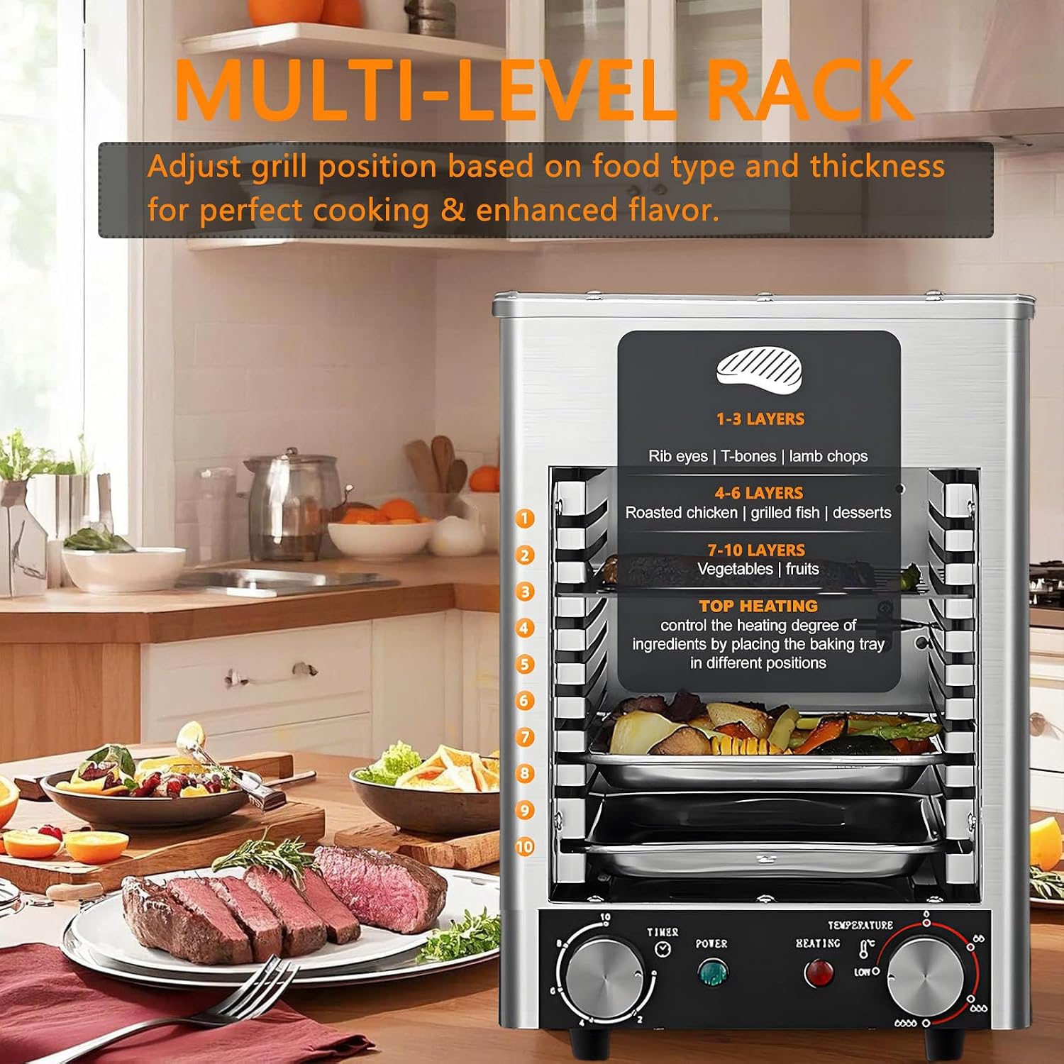1700W Electric Steak Broiler, Stainless Steel Cooker, Smokeless Indoor Grill, 10-Tier Adjustable Rack, Multi-Purpose Countertop Oven for Family BBQ 10GrillingSlots