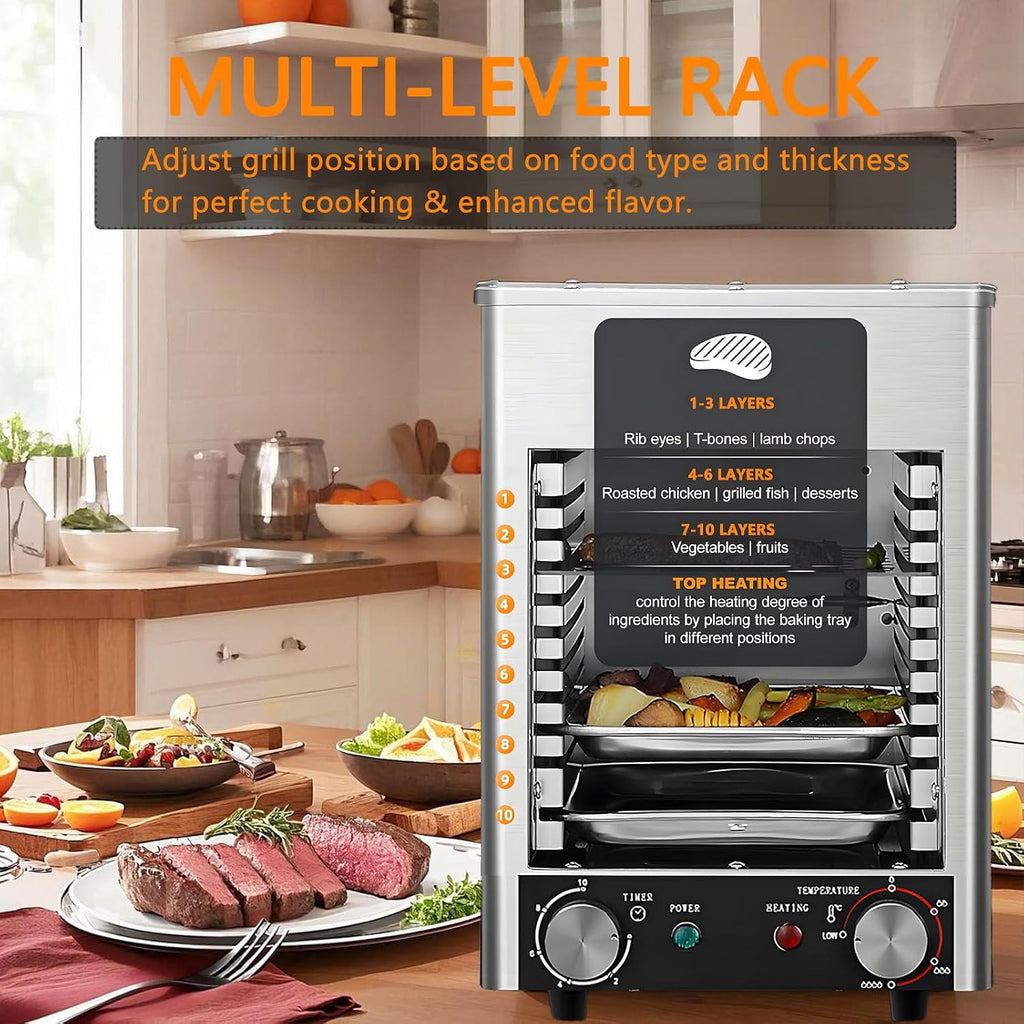 1700W Electric Steak Broiler, Indoor Smokeless Electric Grill, 1472°F Stainless Steel Steak Cooker with 10-Tier Adjustable Rack, for BBQ Beef Chicken Vegetables 4GrillingSlots