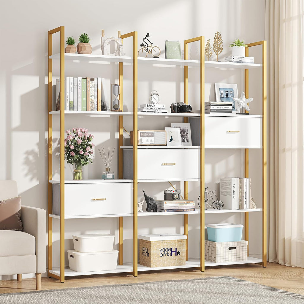 Nosepen 73.6' Tall Bookshelf with 3 Drawers and 16 Storage Shelves, Industrial Bookcase with 16 Open Display Shelves, Large Etagere Bookshelf, Triple Wide Book Shelf Book Case for Home & Office, Gold
