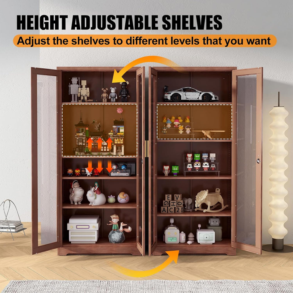 71' Display Cabinet, Metal Kitchen Storage Cabinet, Curio Display Case with Glass Doors and 4 Adjustable Shelves, Locking Cabinets for Kitchen, Hallway, Living Room, Wood Color -Assembly Required