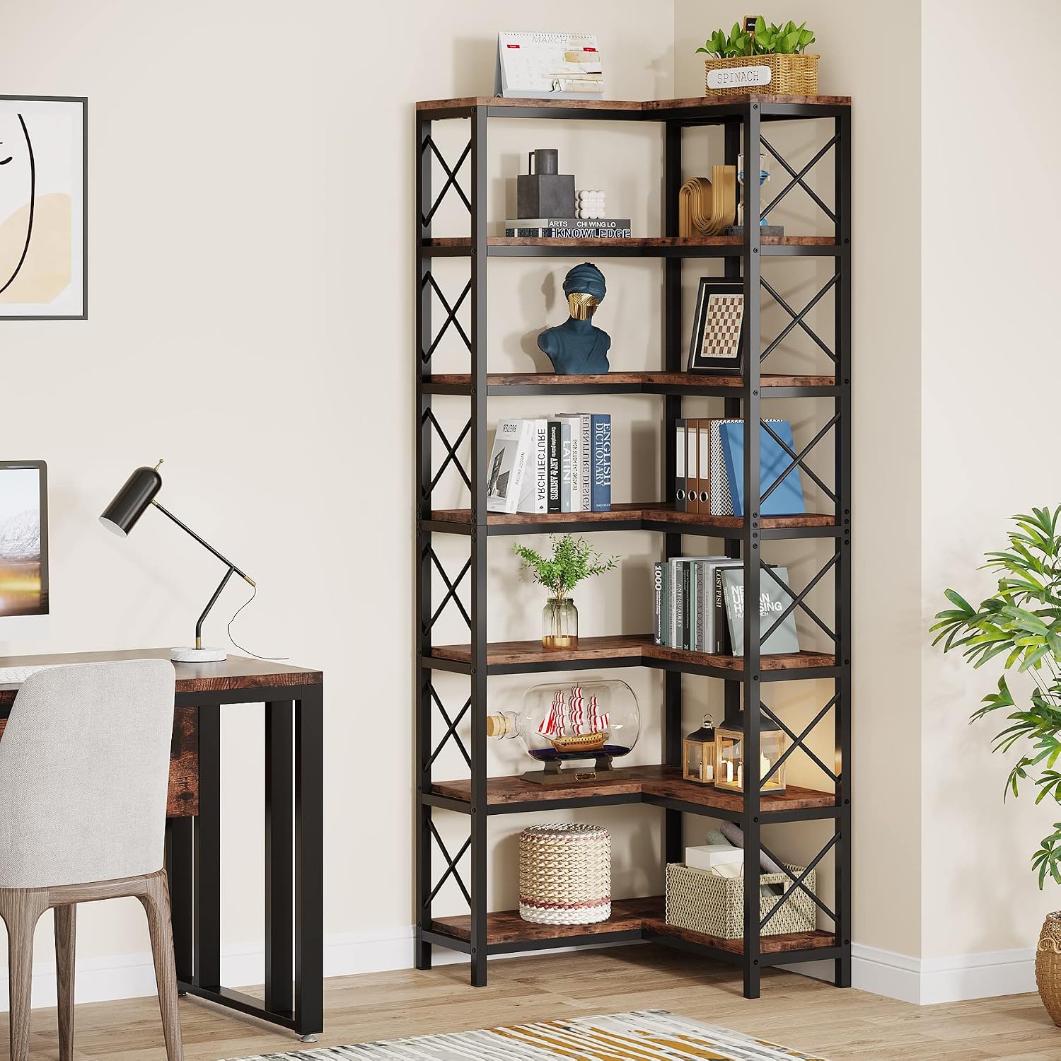 Tribesigns 7-Shelf Corner Bookshelf,Large Modern Corner Bookcase, 7-Tier Tall Corner Shelf Storage Display Rack with Metal Frame for Living Room Home Office (Rustic Brown) | Large, Corner Bookcase, Tall, Corner Shelf, Storage Display Rack, Living Room