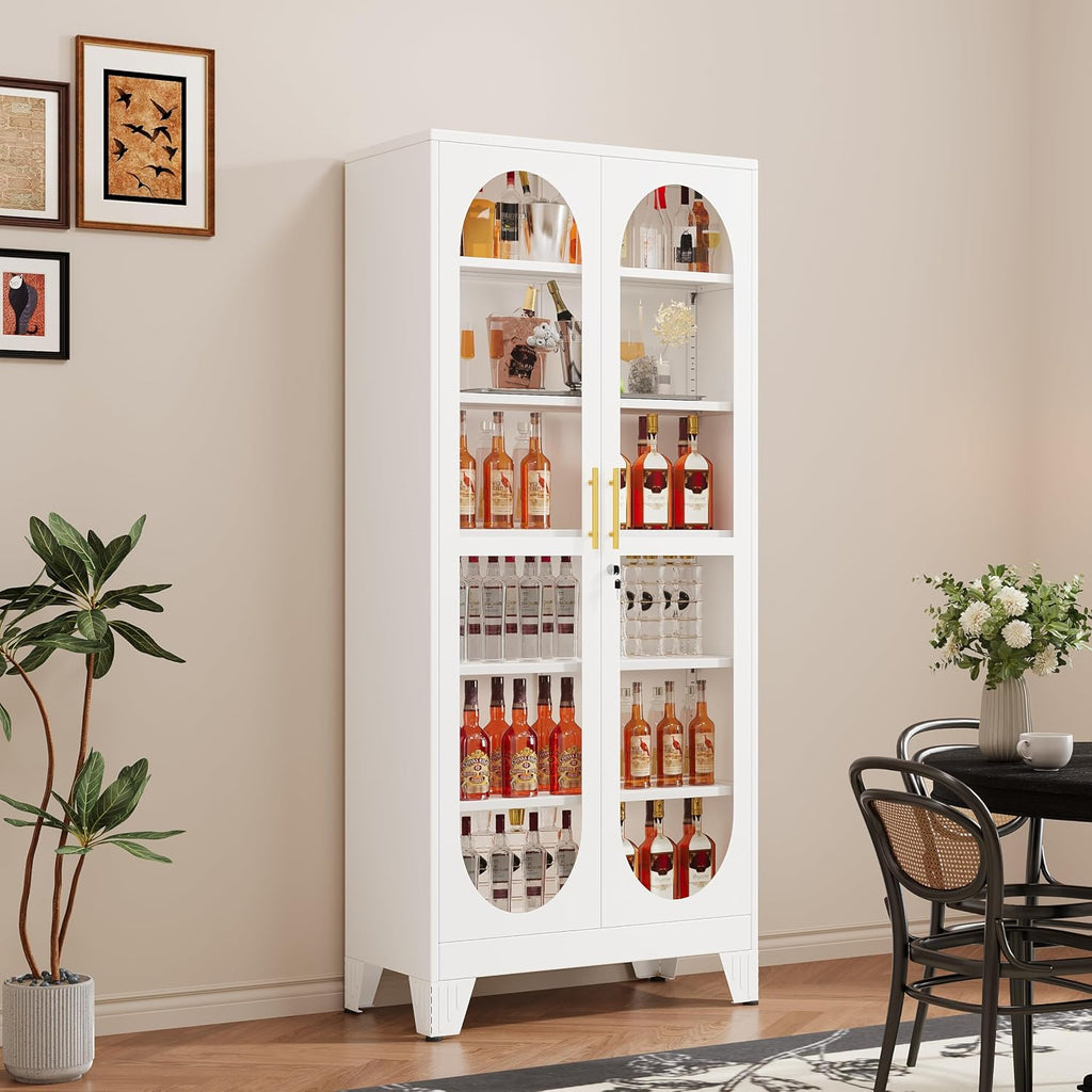 GAIOUS 74.8' Tall Metal Curio Cabinet, Display Cabinet with Glass Door, 6 Tier Liquor with 5 Adjustable Shelves, Locking Glass Display Case for Collectibles, Showcase Storage Cabinets, White