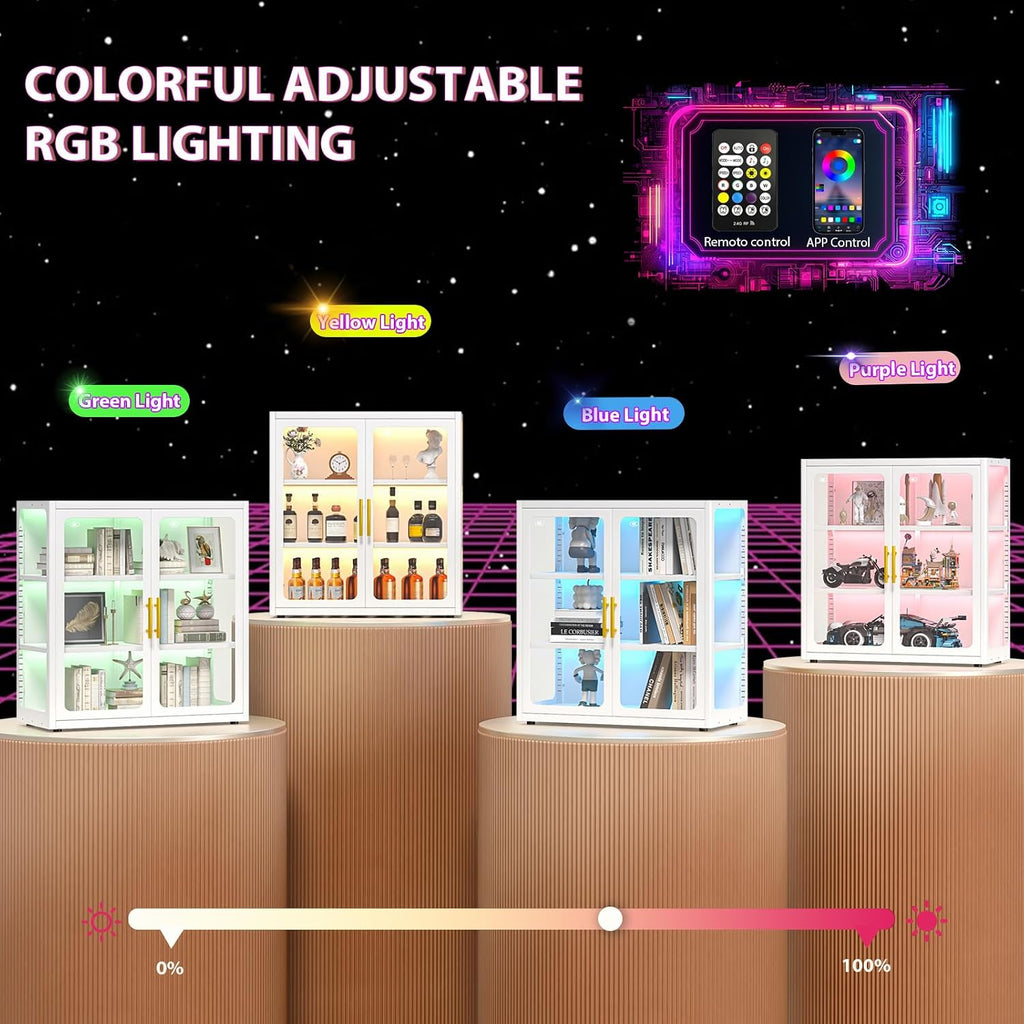 34' Display Cabinet with Glass Doors, 4-Tier Curio Cabinet with Many Color Lights for Collectibles, Glass Display Case, Bookcase with 4 Shelves, Storage Cabinets, White