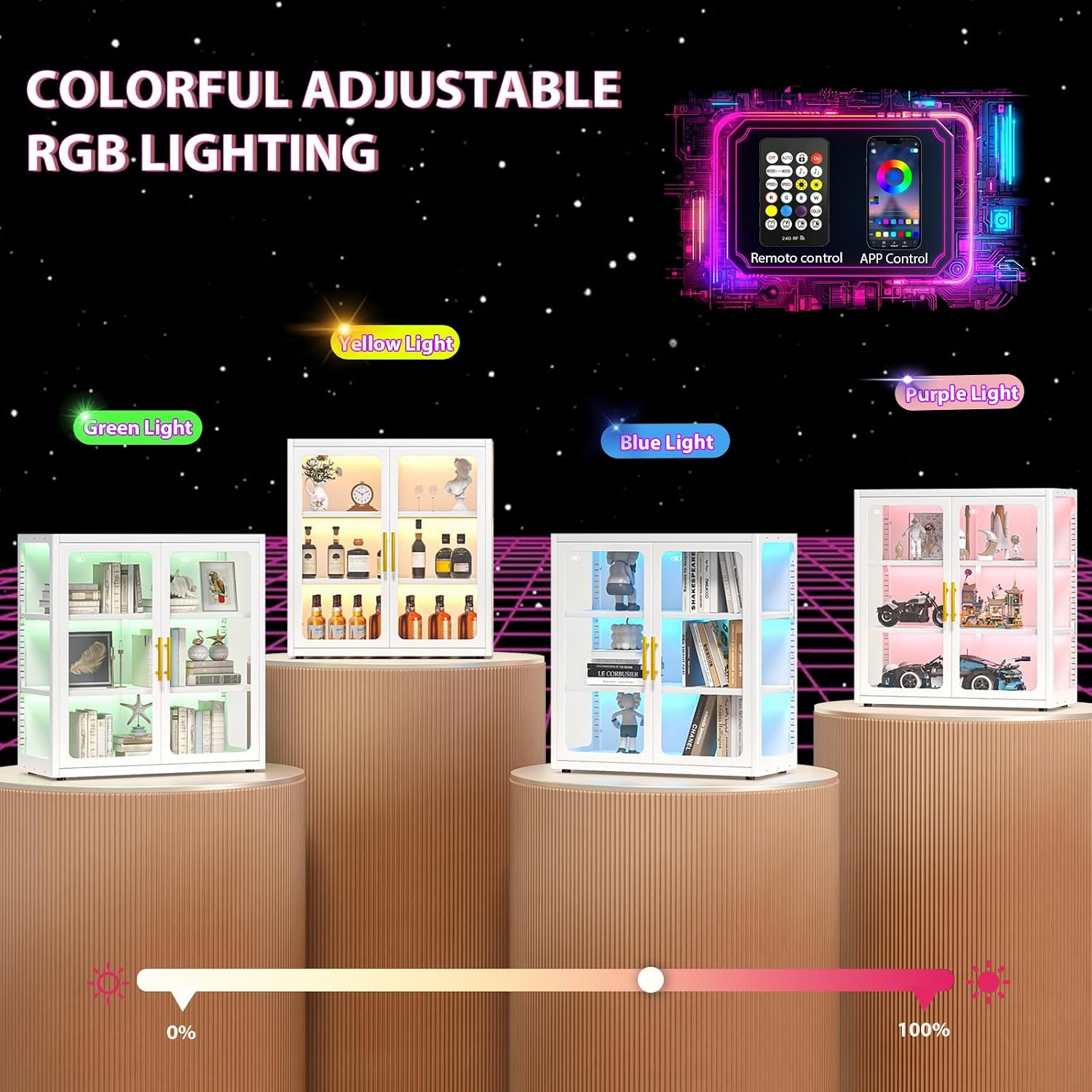 34' Display Cabinet with Glass Doors, 4-Tier Curio Cabinet with Many Color Lights for Collectibles, Glass Display Case, Bookcase with 4 Shelves, Storage Cabinets, White