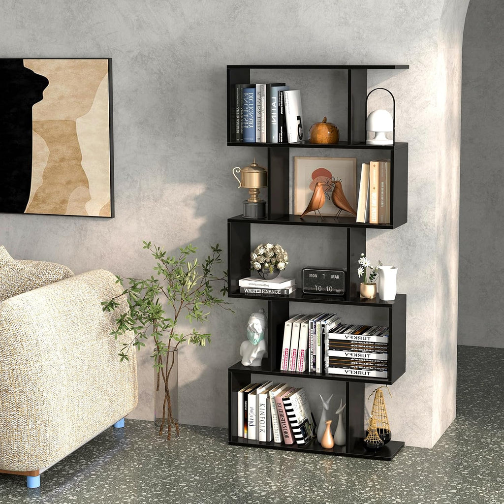 Tangkula 5-Tier Geometric Bookshelf, S Shaped Bookcase w/Anti-Toppling Device, Freestanding Room Divider, Industrial Home Office Decor Wood Open Storage Display Shelf for Living Room (2, Black)