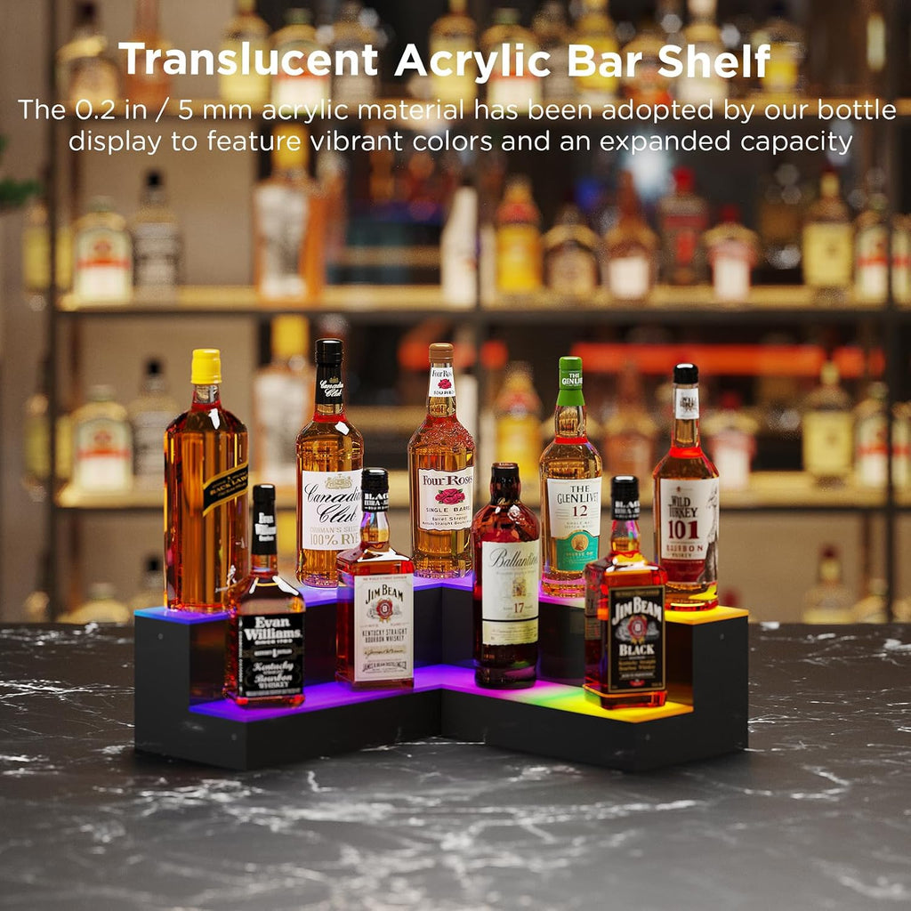 Dethan 2 Tier 20 Inch Liquor Bottle Display Shelf - L-Shape Corner Wine Racks with Multi-Color App & Remote Control, Adjustable Brightness & Sound Modes, Acrylic Bar Shelves for Displays