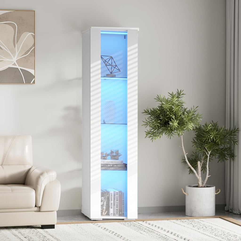 67' LED Display Cabinet with 4 Glass Shelves & 1 Door, Modern Curio Cabinet Collection Display Case Storage Cabinet, High Gloss Floor Standing Bookshelf for Living Room Bedroom Office (White)