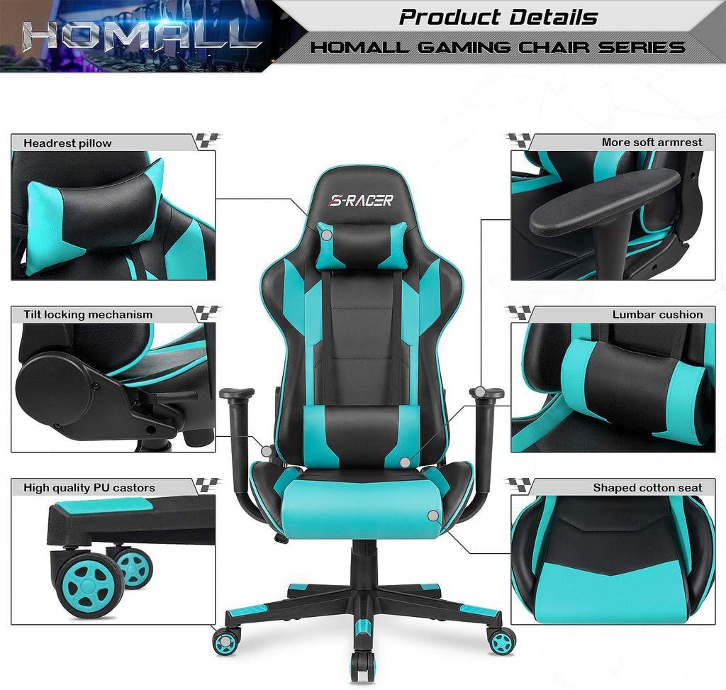 Homall Gaming Chair, Office Chair High Back Computer Chair Leather Desk Chair Racing Executive Ergonomic Adjustable Swivel Task Chair with Headrest and Lumbar Support(Cyan)