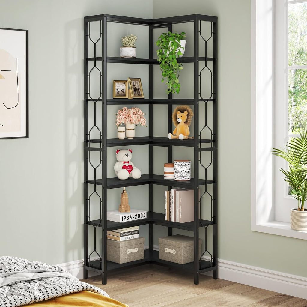 Tribesigns Corner Shelf, 7-Tier Industrial Corner Bookshelf, Wood and Metal Corner Etagere Bookcase, Freestanding Display Shelf for Living Room, Kitchen, Home Office, Light Black