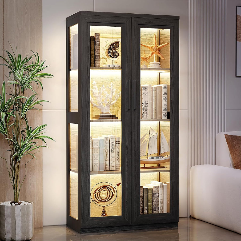 BROTTAR Curio Cabinet with Glass Doors, Bookcase with 4 Shelves, Display Cabinets for Collectibles, China Cabinet with 3 Color LED Lights and Human Body Sensing, Buffer Hinge, Black