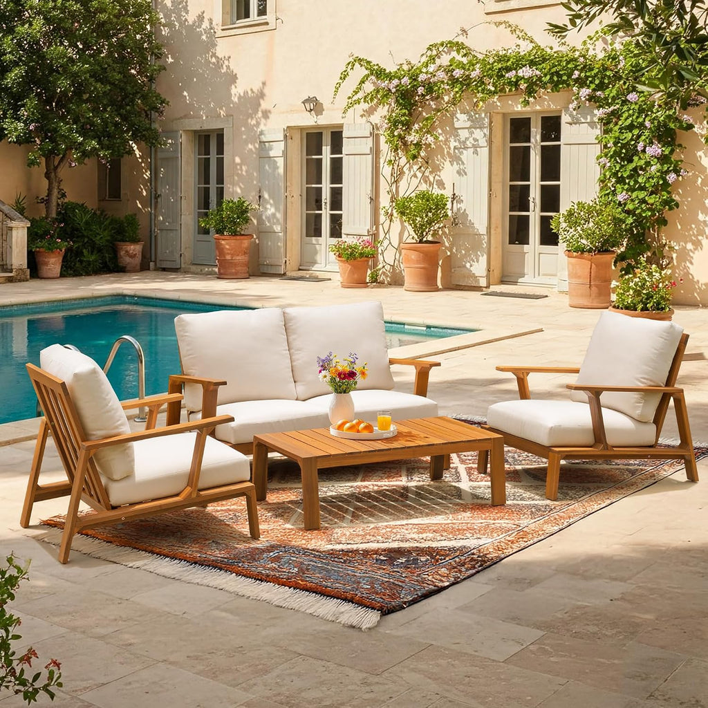 Idzo Jasper Solid Acacia Wood Loveseat Patio Set with Beige Cushions & Coffee Table – Modern Outdoor Furniture for Poolside, Garden, or Deck