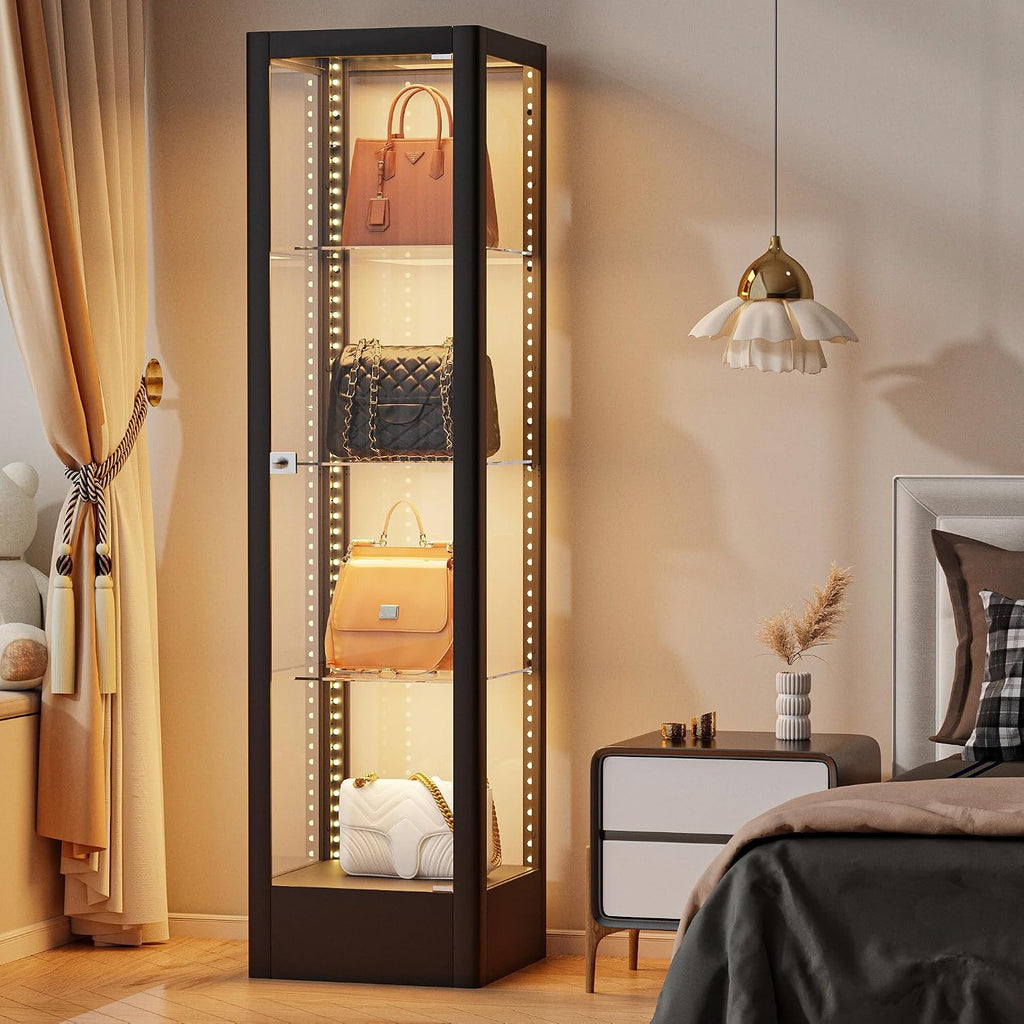 Glass Display Cabinet with 13-Color Light, 63' 4-Tier Curio Cabinet with Glass Door & Lock, Lighted Display Case with Adjustable Shelves for Collectibles Figures Trophy (Black)