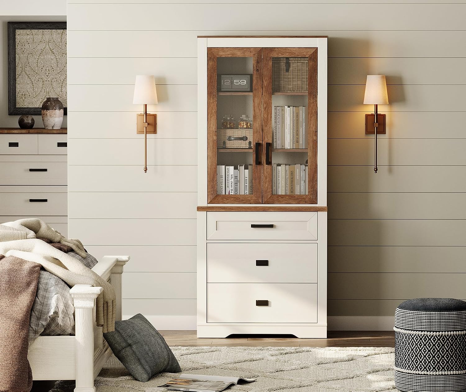 WAMPAT 73.3' Tall Bookcase with Glass Door, 31.5' Wide Rustic Wood Bookshelves with Chest of Drawers, Modern Farmhouse Display Storage Cabinet with Adjustable Shelves for Home,Office,White&Oak
