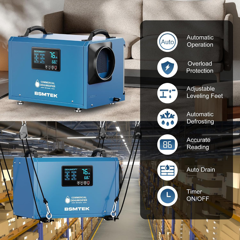 145 Pints Commercial Dehumidifier for Large Basements & Crawl Spaces up to 6500 Sq.Ft, Industrial Dehumidifiers for Water Damage Restoration, Auto Defrost, Continuous Drain Hose, Memory Function, Blue