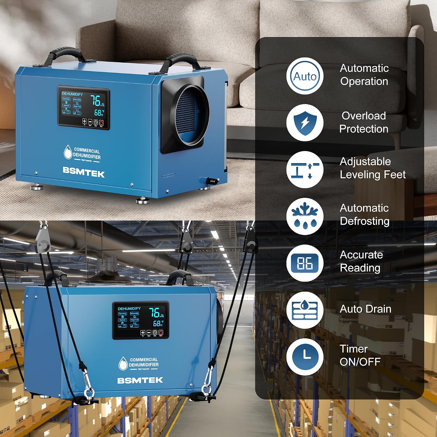 145 Pints Commercial Dehumidifier for Large Basements & Crawl Spaces up to 6500 Sq.Ft, Industrial Dehumidifiers for Water Damage Restoration, Auto Defrost, Continuous Drain Hose, Memory Function, Blue