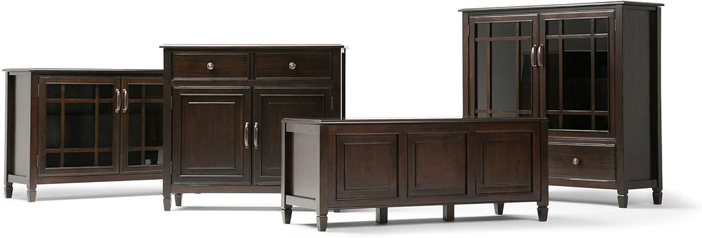 SIMPLIHOME Connaught Storage Cabinet - 46 inch Wide Solid Wood Tall Cabinet in Dark Chestnut Brown, Traditional Console for Living Room or Dining Room with Glass Doors, Adjustable Shelves, and Drawers