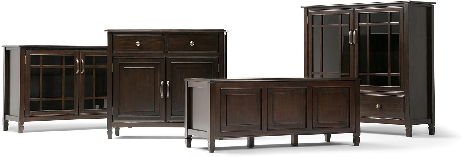 SIMPLIHOME Connaught Storage Cabinet - 46 inch Wide Solid Wood Tall Cabinet in Dark Chestnut Brown, Traditional Console for Living Room or Dining Room with Glass Doors, Adjustable Shelves, and Drawers