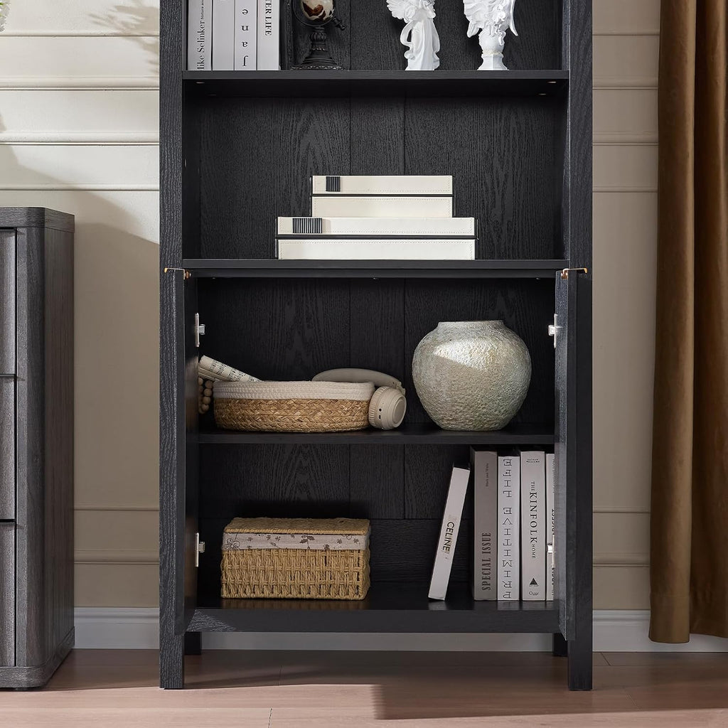 Arched Cabinet Bookshelf Bookcase - 71' Tall Mid Century Arched Display Cabinets, Rounded Bookshelf with Fluted Doors, Open Shelf Storage Cabinet for Dining Room (Black)