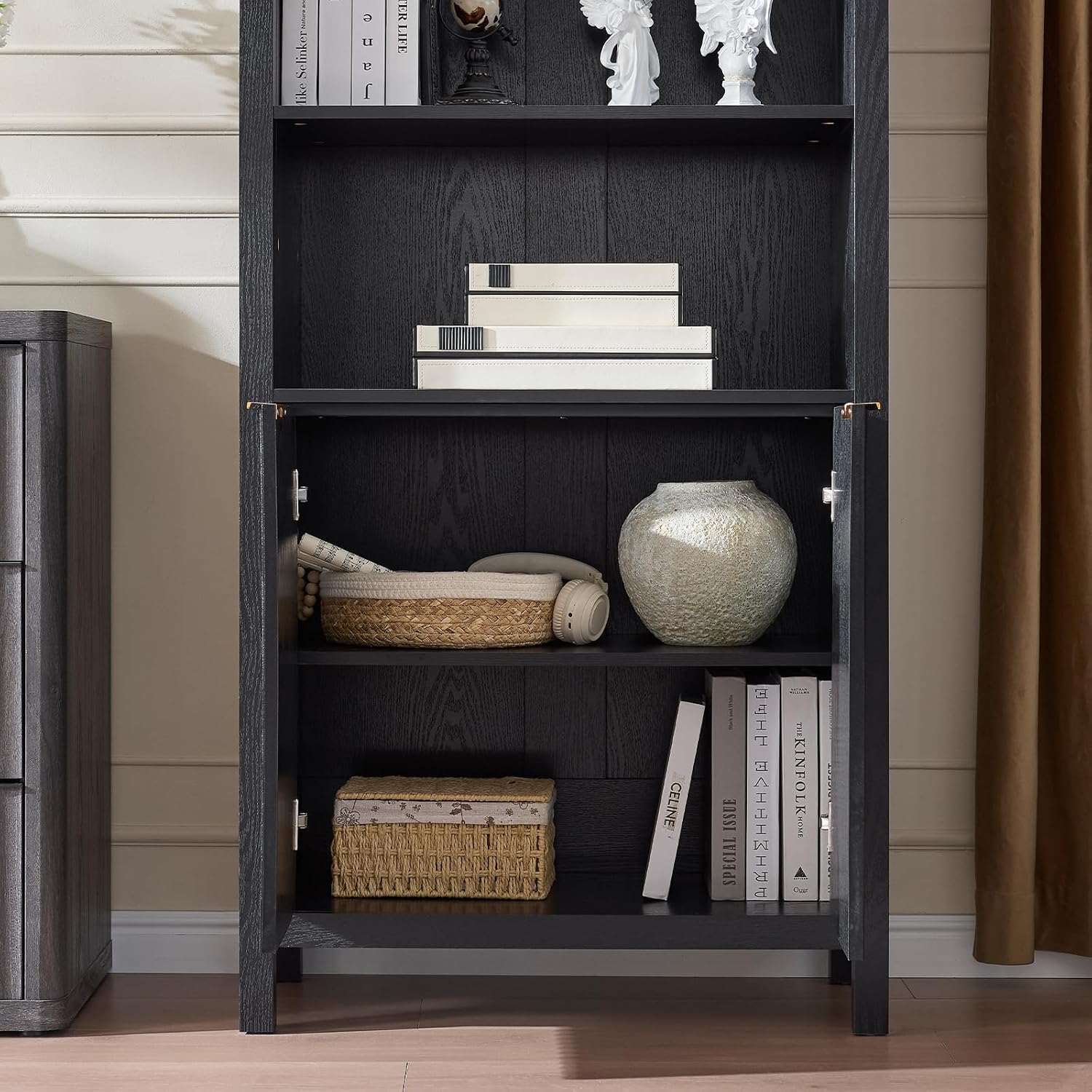 Arched Cabinet Bookshelf Bookcase - 71' Tall Mid Century Arched Display Cabinets, Rounded Bookshelf with Fluted Doors, Open Shelf Storage Cabinet for Dining Room (Black)